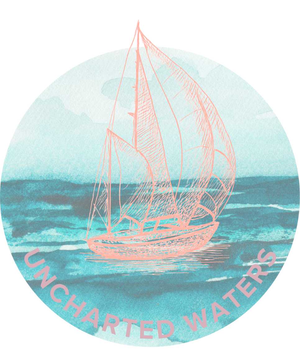 Sailboat heads into the horizon on the ocean with text reading: Uncharted Waters