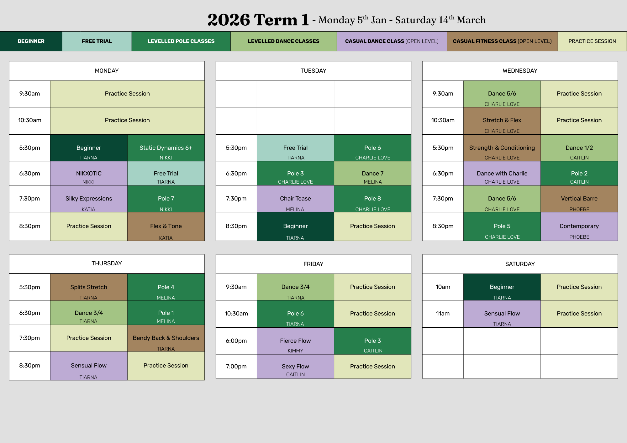 Weekly dance class schedule for January to March 2026, showing different classes each day with times and instructors, categorized by beginner, free trial, leveled pole and dance classes, casual dance and fitness, and practice sessions, with color-coded labels.