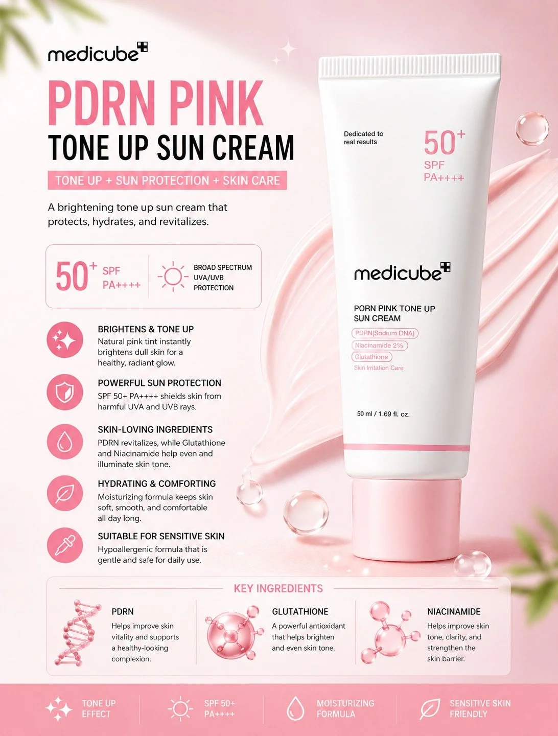 Medicube PDRN Pink Tone Up Sun Cream 🎀☀️

A Korean tone up sunscreen with SPF50+ PA++++ that helps brighten dull skin while protecting against UVA and UVB rays.

Formulated with niacinamide, glutathione, and PDRN, this sunscreen is designed to suppo