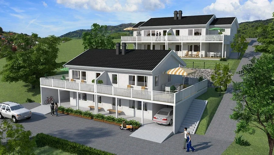 To hvite hus med balkonger, omgitt av grønne trær og gress, med biler, sykkel og mennesker foran.