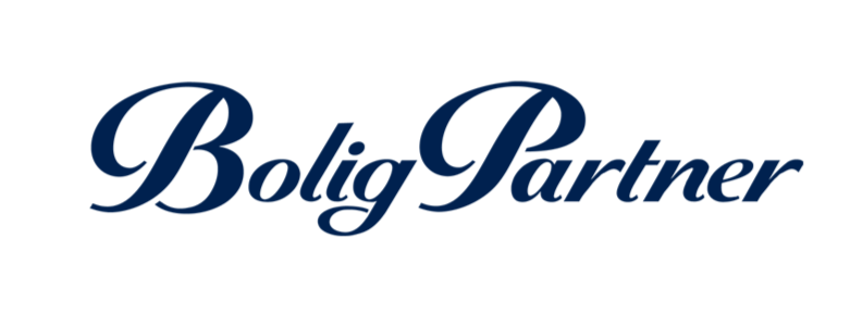 Logo med teksten 'BoligPartner' i blå scriptfont.