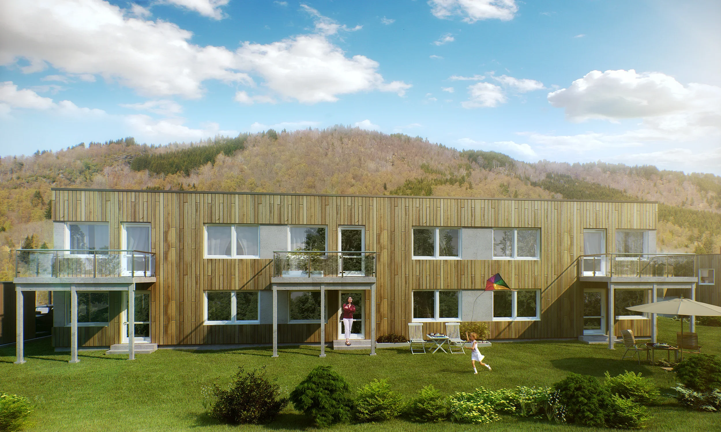 En moderne, to-etasjes boligblokk med tre utsalgsflater, altan og store vinduer, omgitt av grønt område med barn som leker.