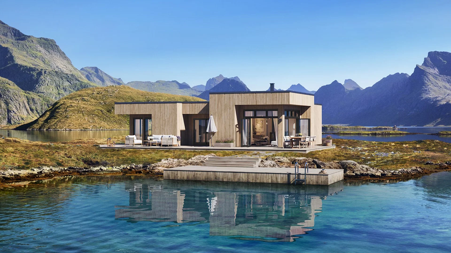 En moderne hus ved sjøen med fjell i bakgrunnen, terrasse med utemøbler og en svømmebasseng.