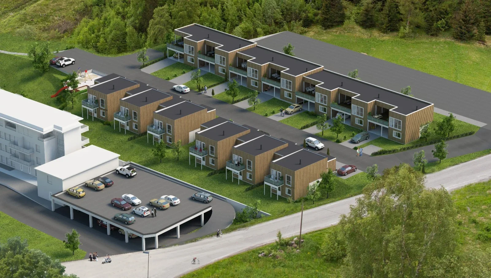 Et boligområde med rekkehus og små hus omgitt av grøntområder og trær, med parkeringsplasser og noen mennesker som går rundt.