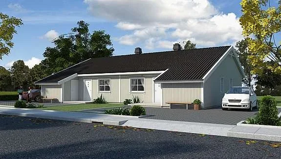 Et moderne hvitt hus med svart tak, to biler parkert foran, og en ryddig hage med grønt gress og busker.