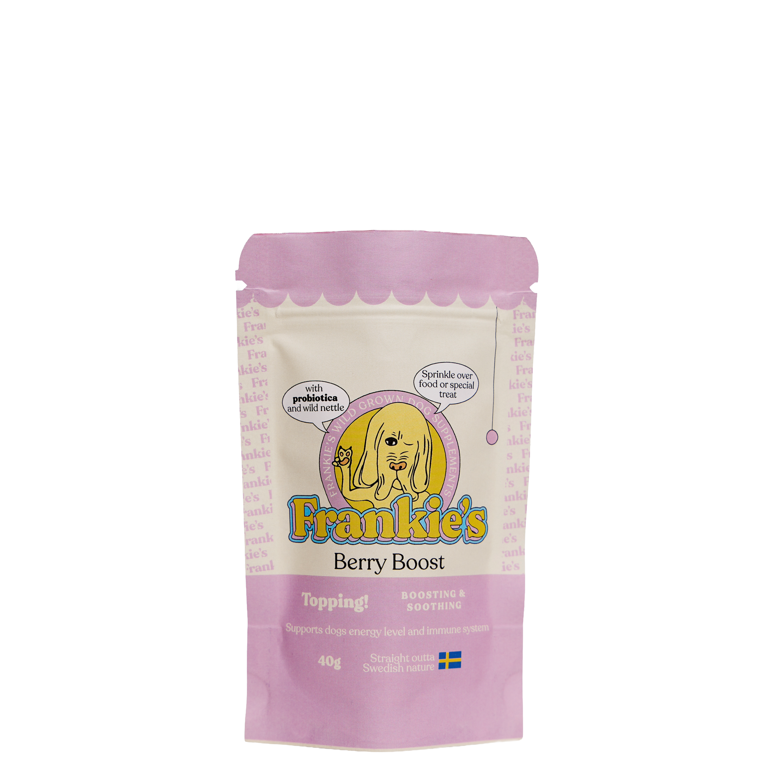 A pink and cream package of Frankie's Berry Boost dog treats with a cartoon dog and Swedish flag.