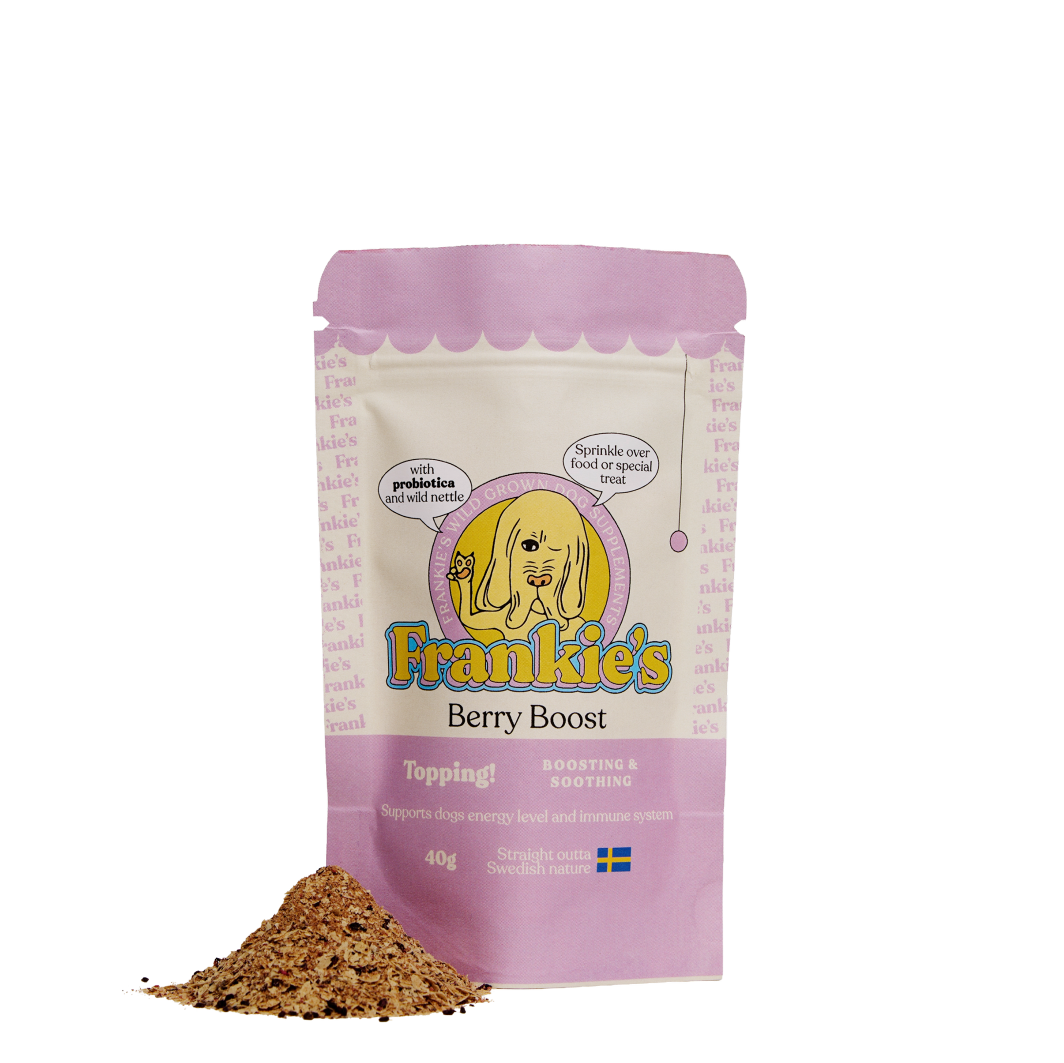 A pink and white package of Frankie's Berry Boost dog supplement with a pile of powder in front, featuring a cartoon dog and Swedish flag.