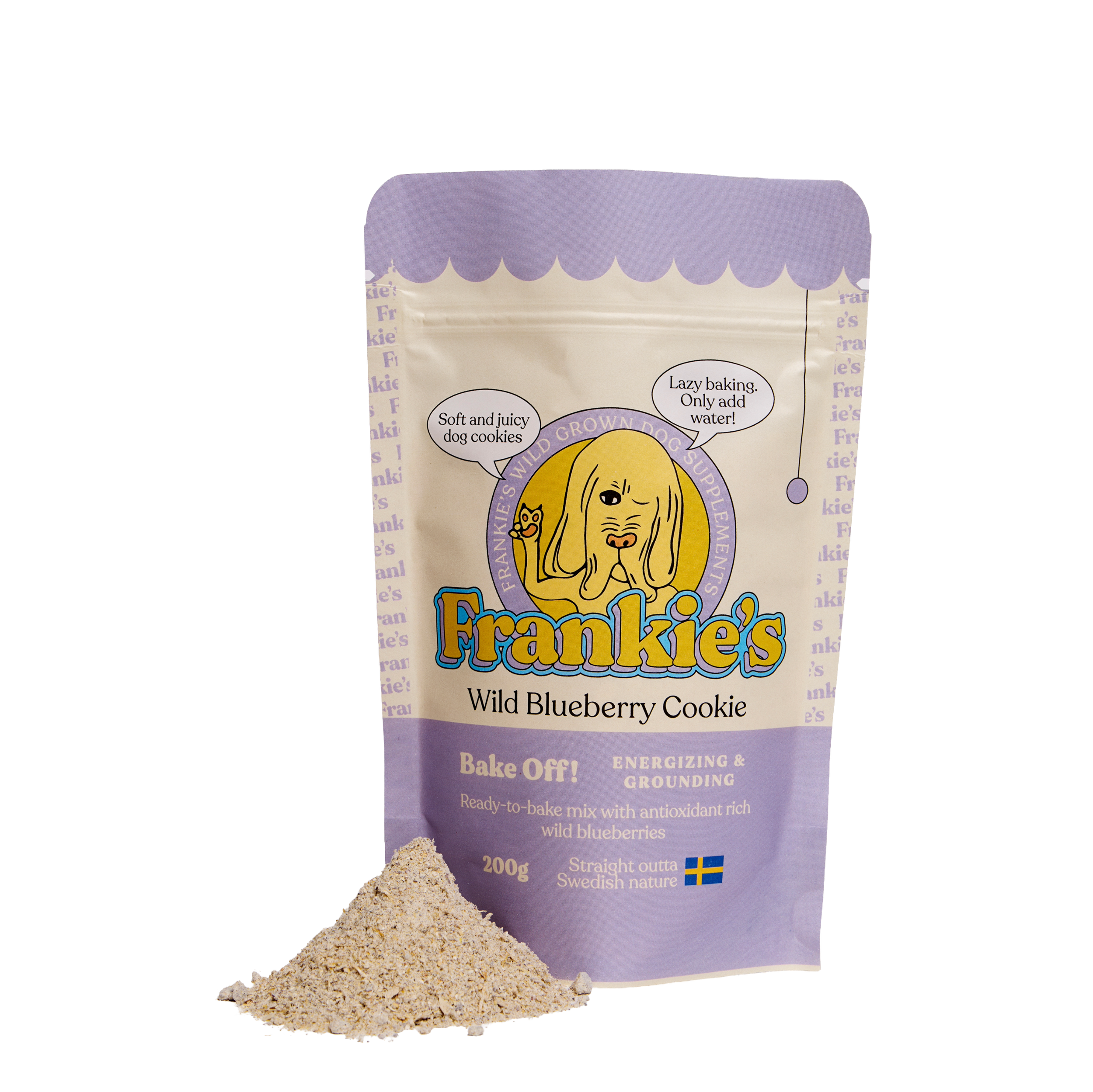 Packaging of Frankie's Wild Blueberry Cookie mix with a scoop of cookie mix in front of it.