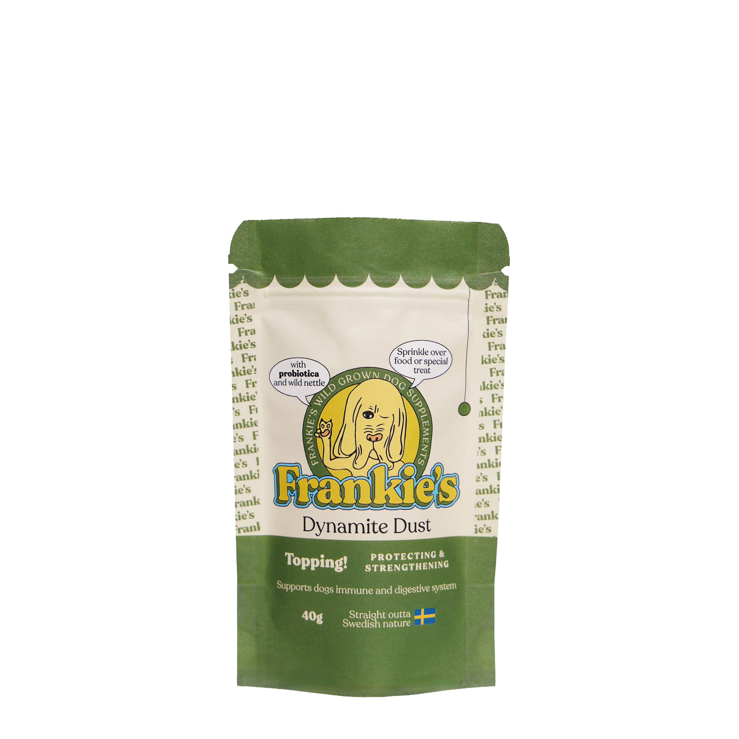 A green and white bag of Frankie's Dynamite Dust dog supplement with a cartoon dog logo, supporting dogs' immune and digestive health, weight 40 grams, and Swedish origin.