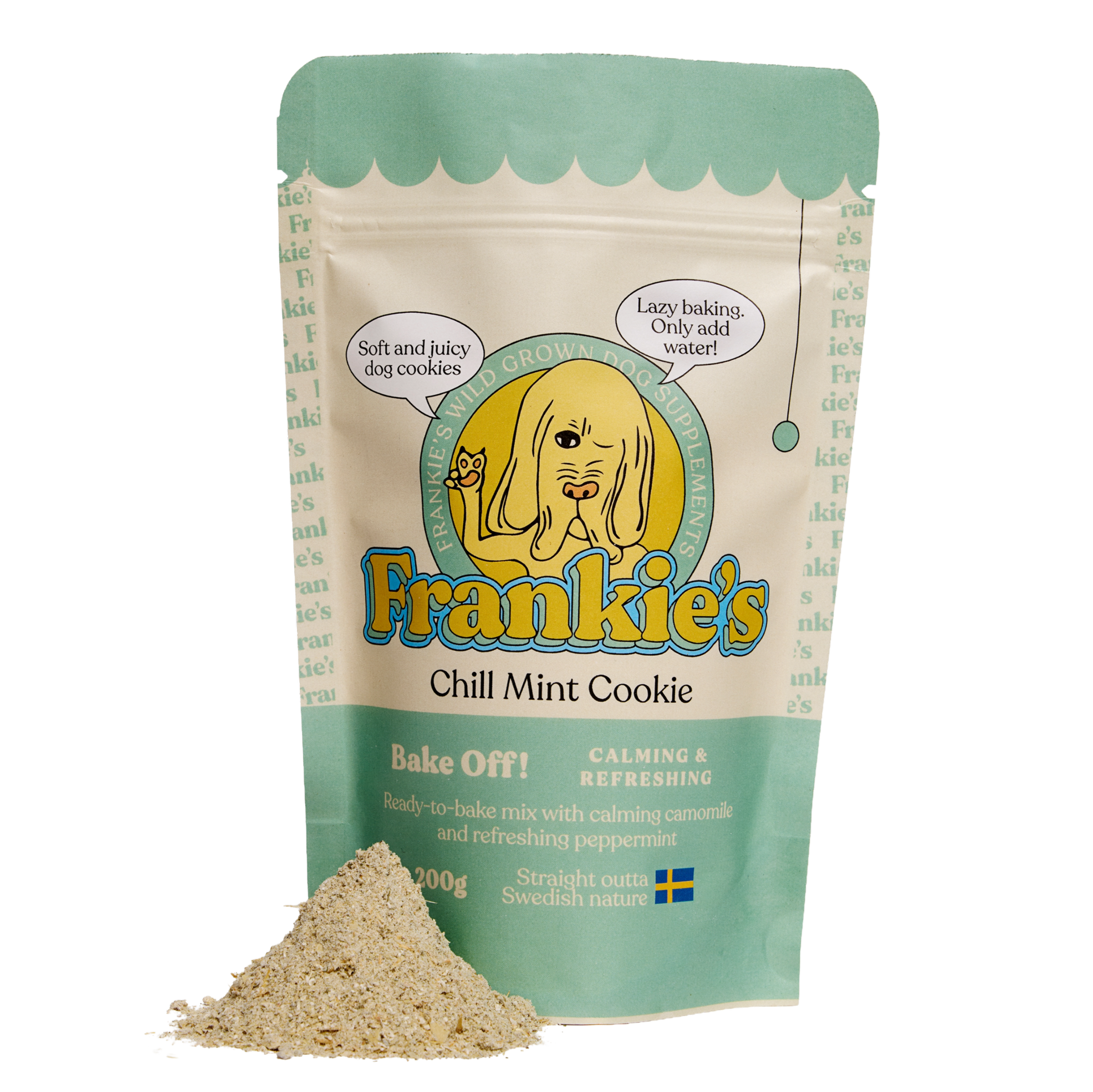 Package of Frankie's Chill Mint Cookie Dog Cookie-mix with a pile of powder in front of it.