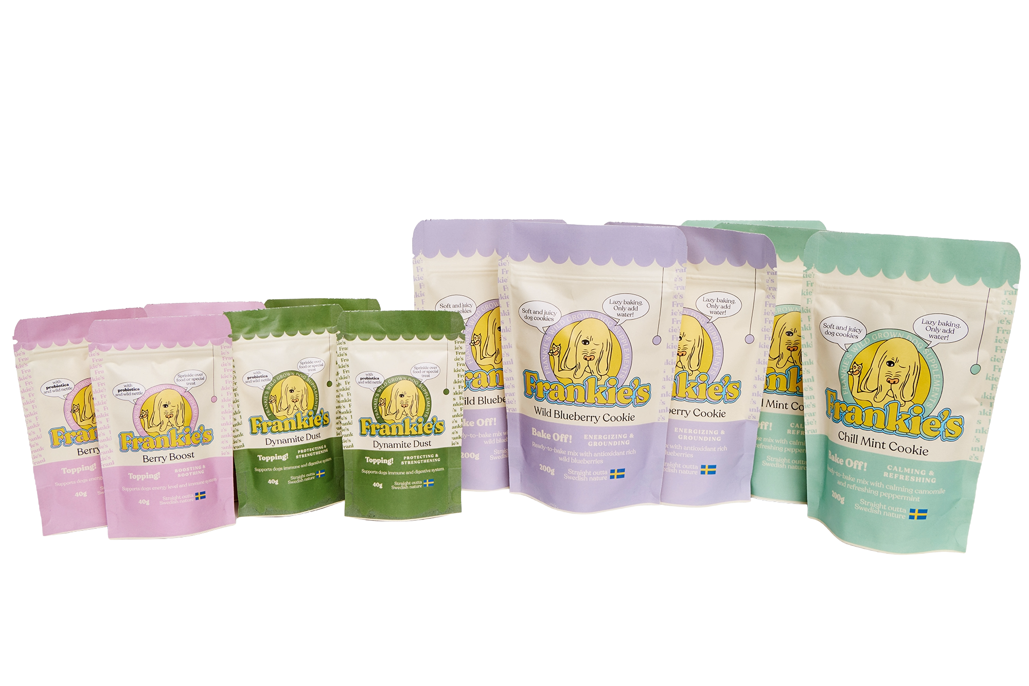 Collection of Frankie’s dog supplements pouches in pink, green, purple, and teal packaging with dog illustrations and product names.