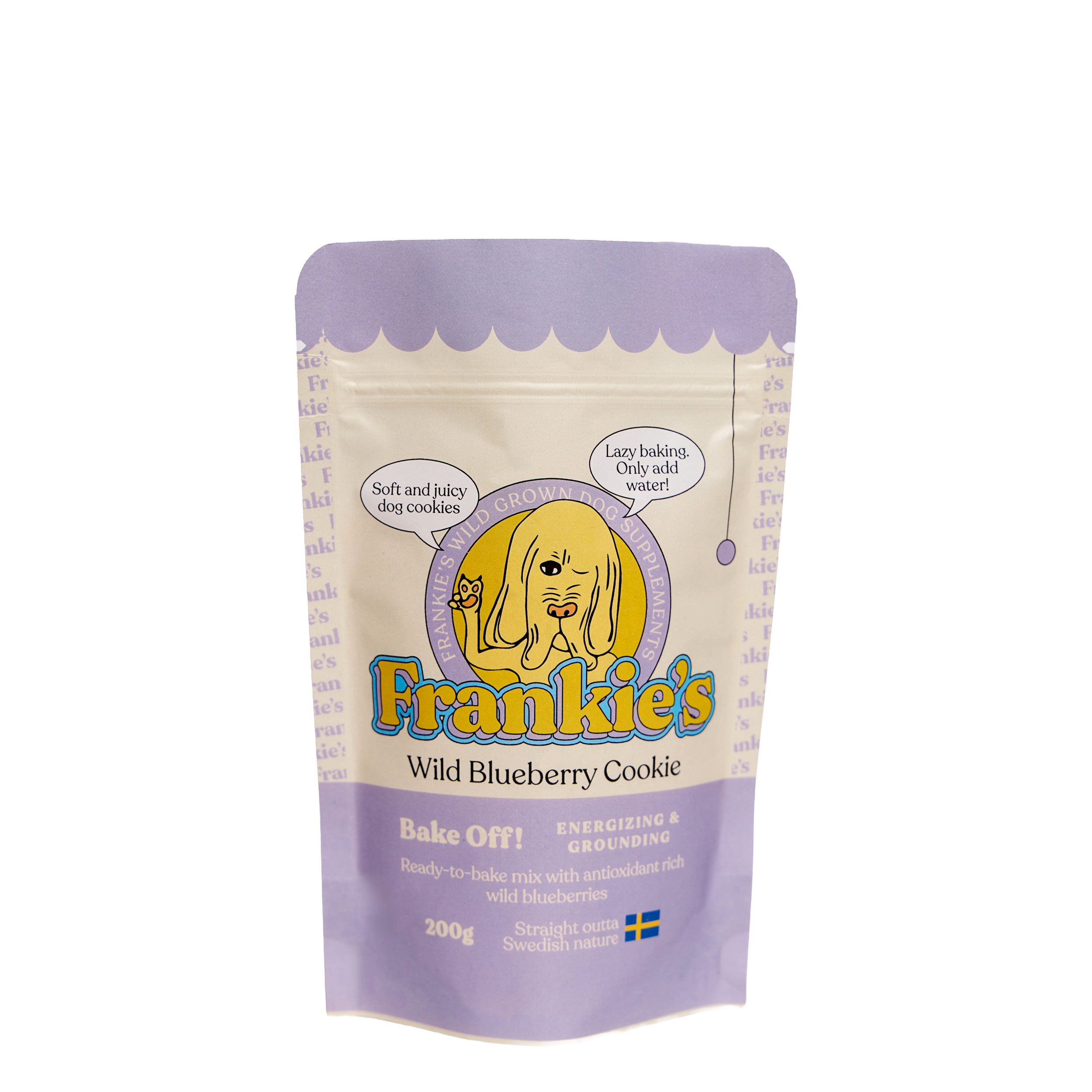 Packaging of Frankie's Wild Blueberry Cookie mix with purple and white design, cartoon dog logo, and Swedish flag.