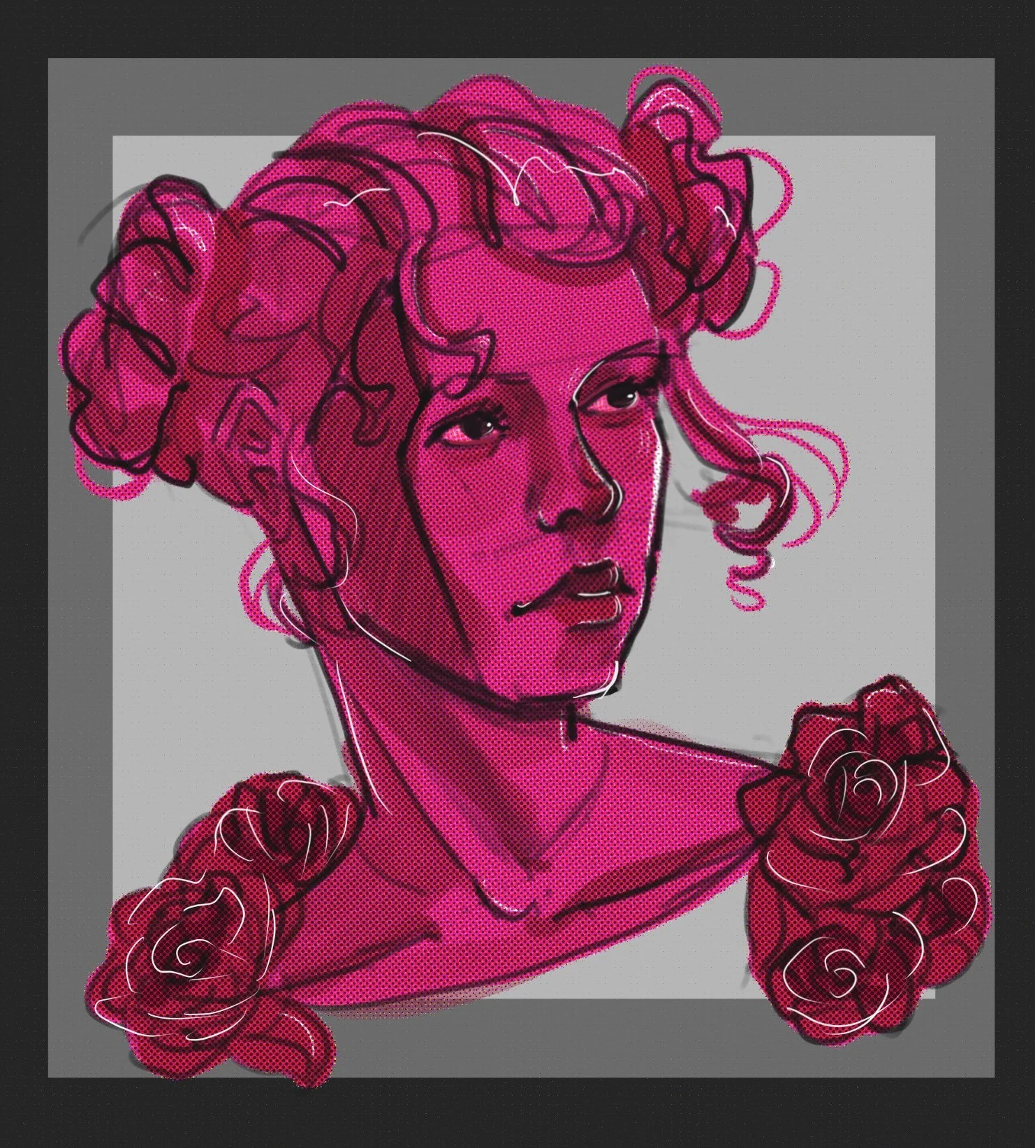 Neon-style digital illustration of a woman with curly hair, pink lighting, surrounded by roses.