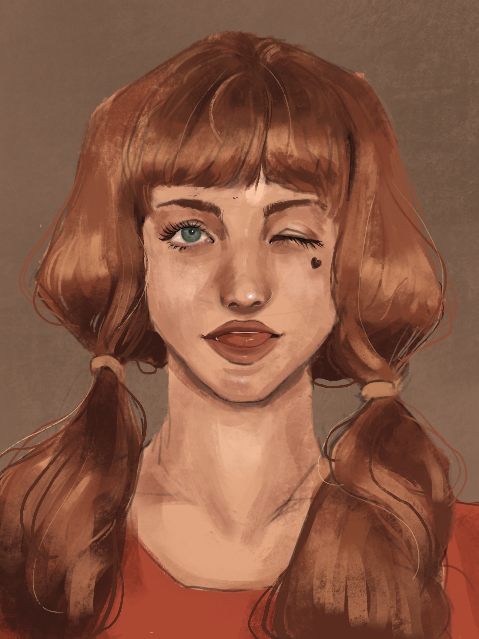 A digital illustration of a young woman with red hair styled in pigtails, winking with one eye, wearing makeup, a nose ring, and a small heart tattoo near her eye.