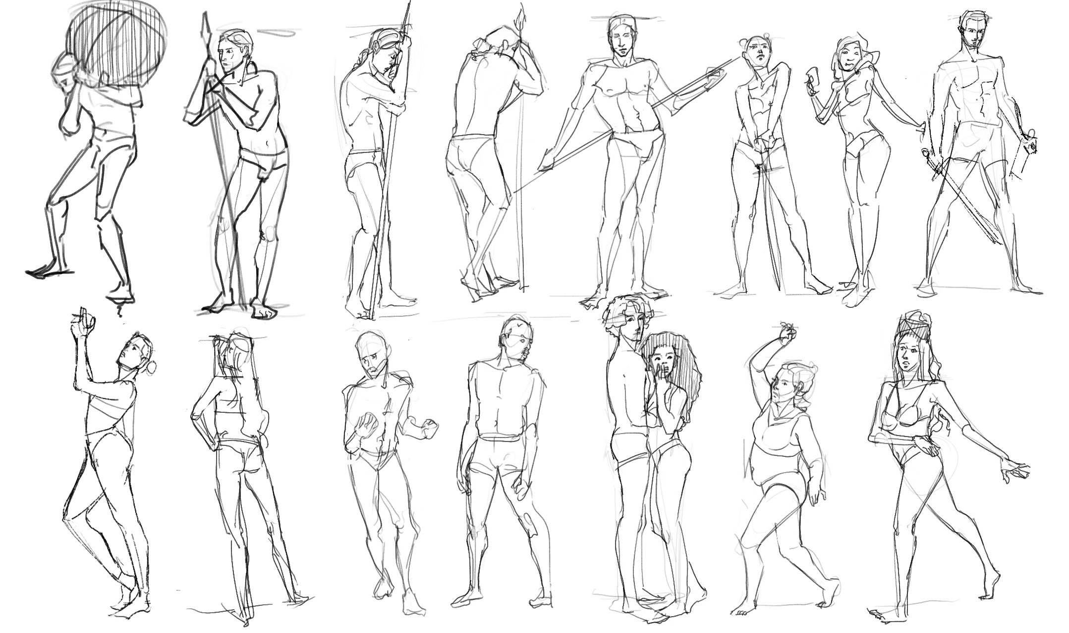 Sketches of various human figures in different poses, some holding weapons or props, and others standing or gesturing, drawn in a loose, illustrative style.