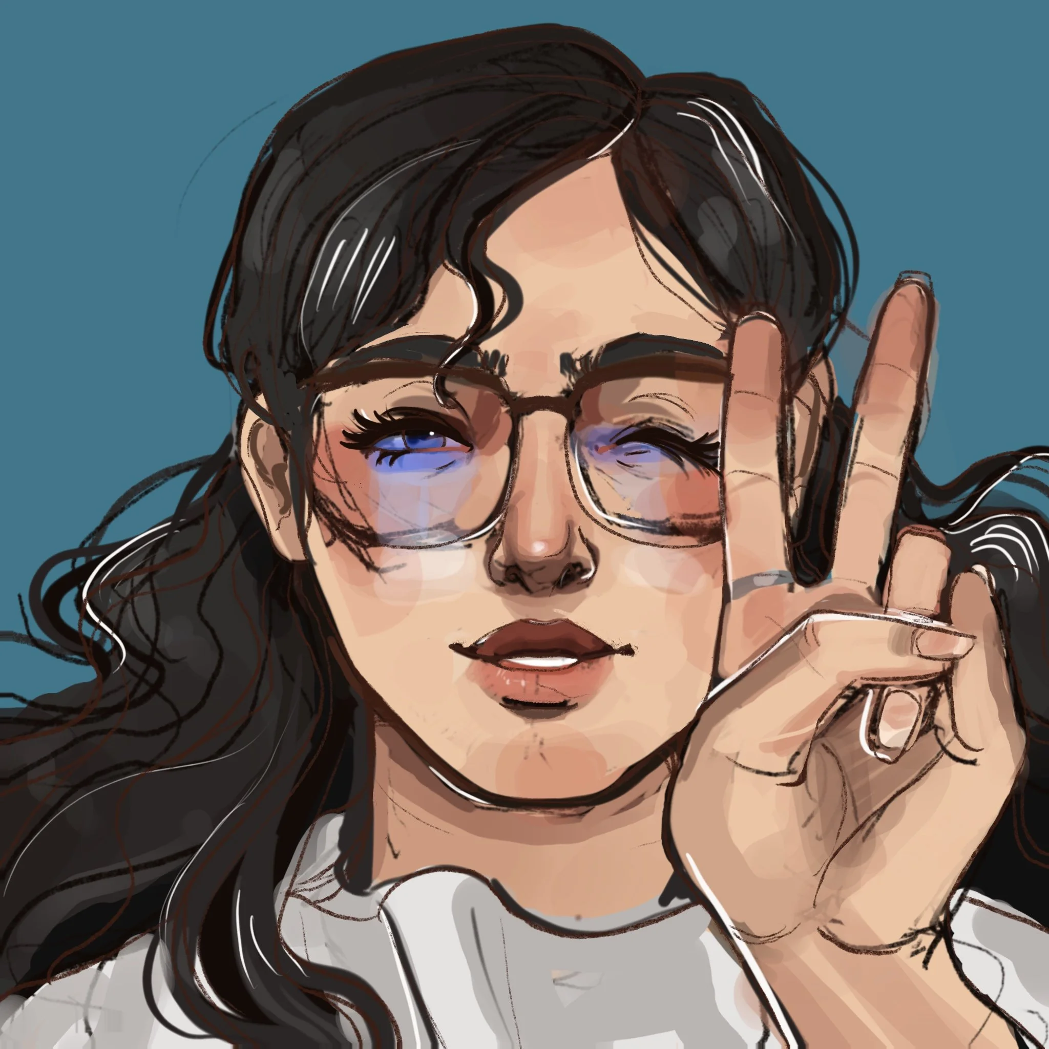 A digital illustration of a woman with long dark hair, wearing glasses, winking, making a peace sign, and smiling slightly. She is against a teal background.