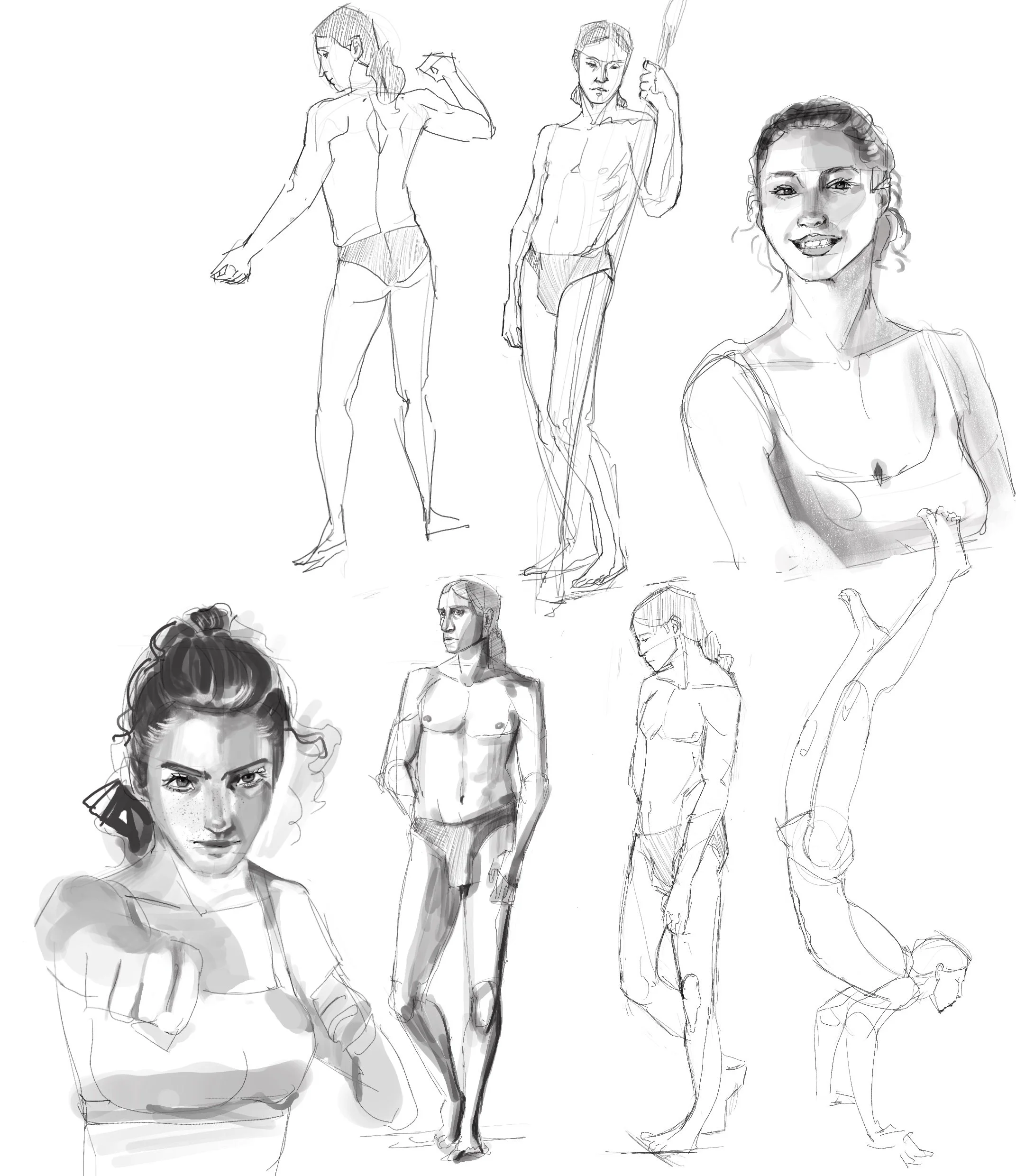 Sketches and digital drawings of multiple female figures in different poses, some in athletic or dance positions, and some detailed portraits of women with varied hairstyles and expressions.