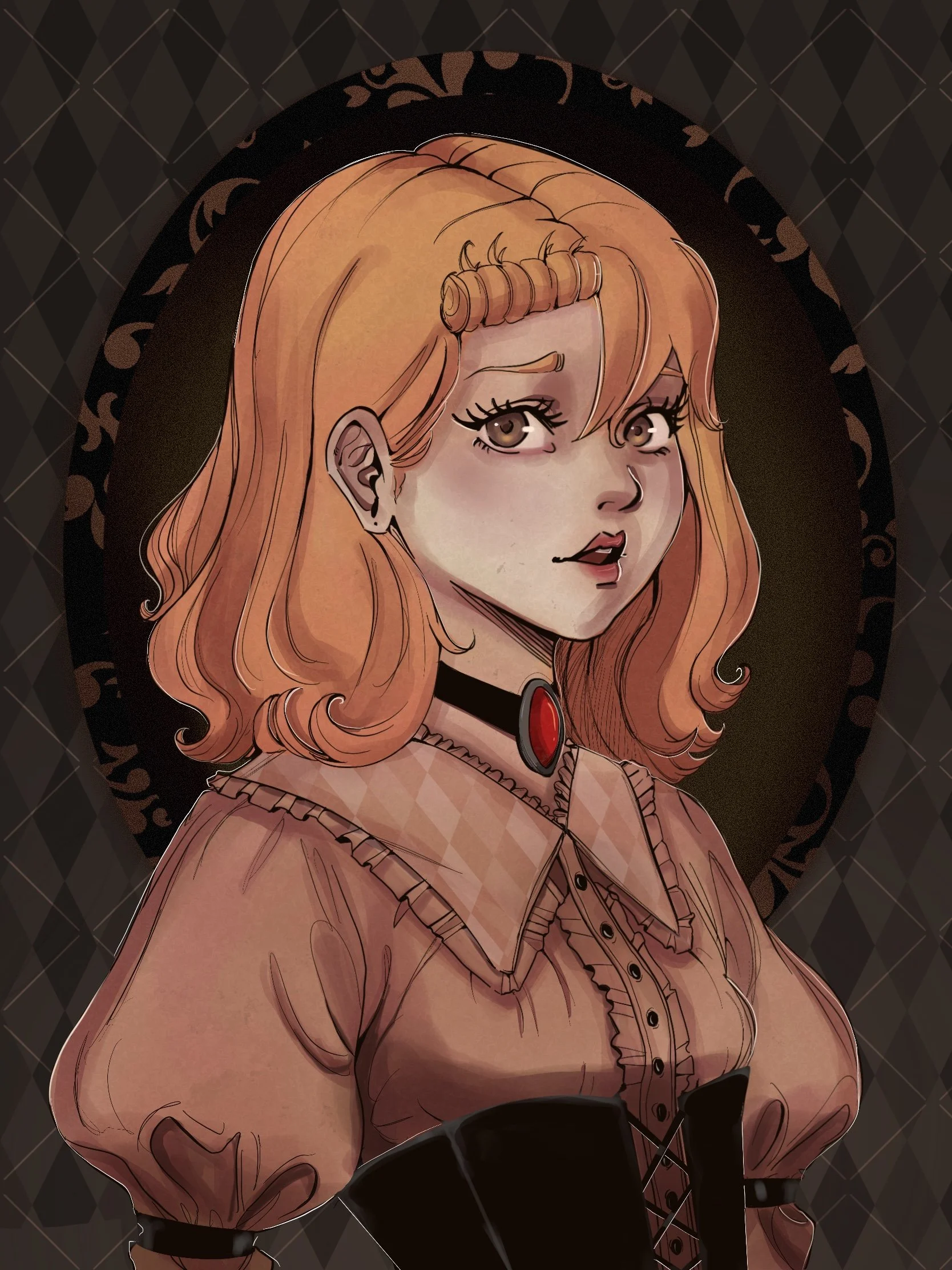 A hand-drawn portrait of a woman with wavy red hair, wearing vintage style clothing and a black choker with a red pendant, set against a dark, patterned background.