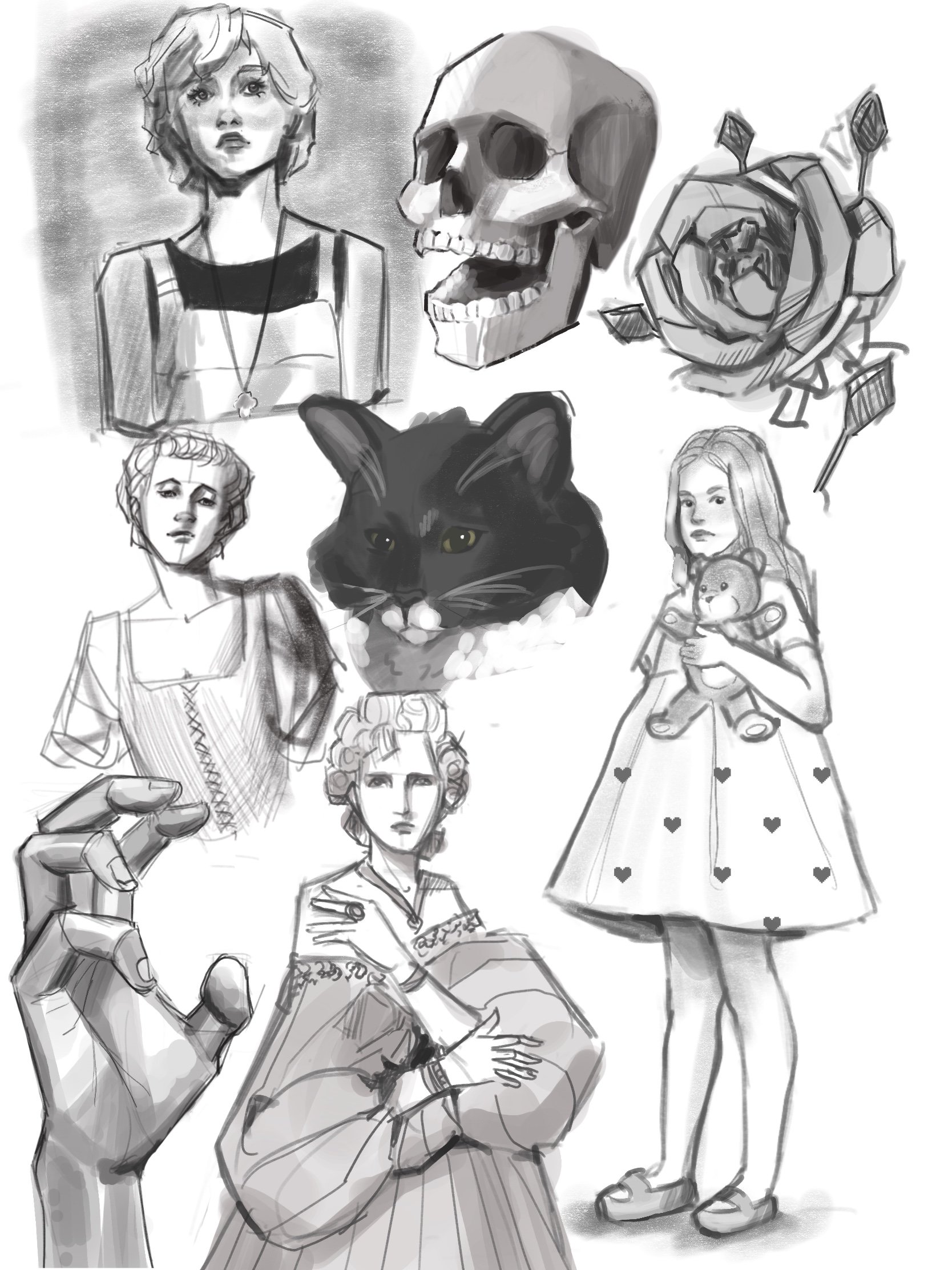 A collection of black and white sketches featuring various characters and objects. Includes a woman with short wavy hair, a human skull, a rose, a young woman holding a teddy bear, a black cat, a woman with puffy sleeves, a hand reaching out, and a woman with curly hair in a period-style dress.