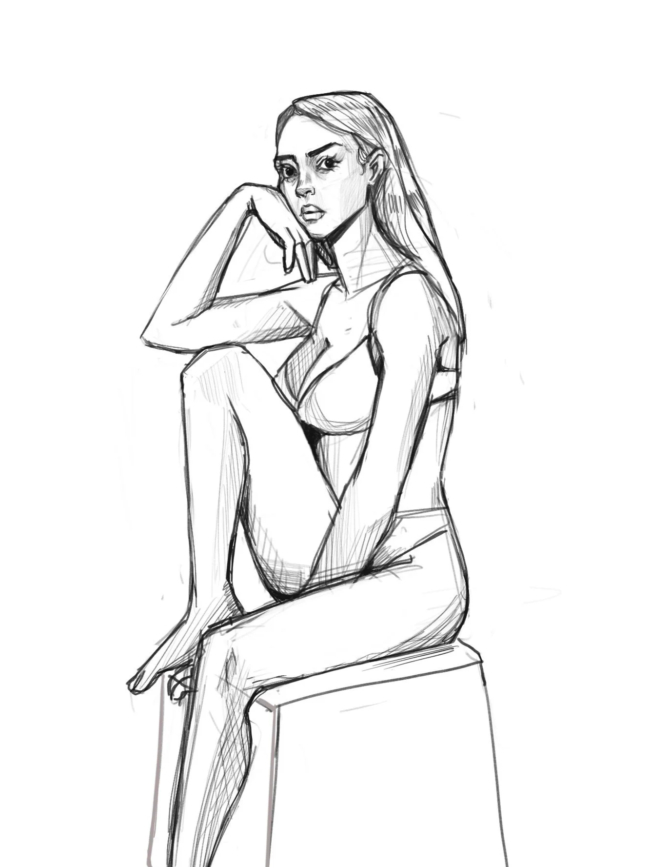A black and white sketch of a woman sitting on a block with one arm resting on her knee and her hand on her face, wearing a tank top and shorts.