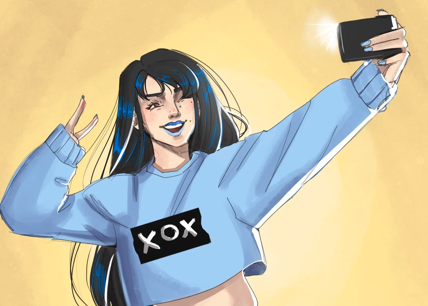 A young woman with long black hair with blue streaks, winking and smiling while taking a selfie with a smartphone. She is wearing a blue cropped sweatshirt with 