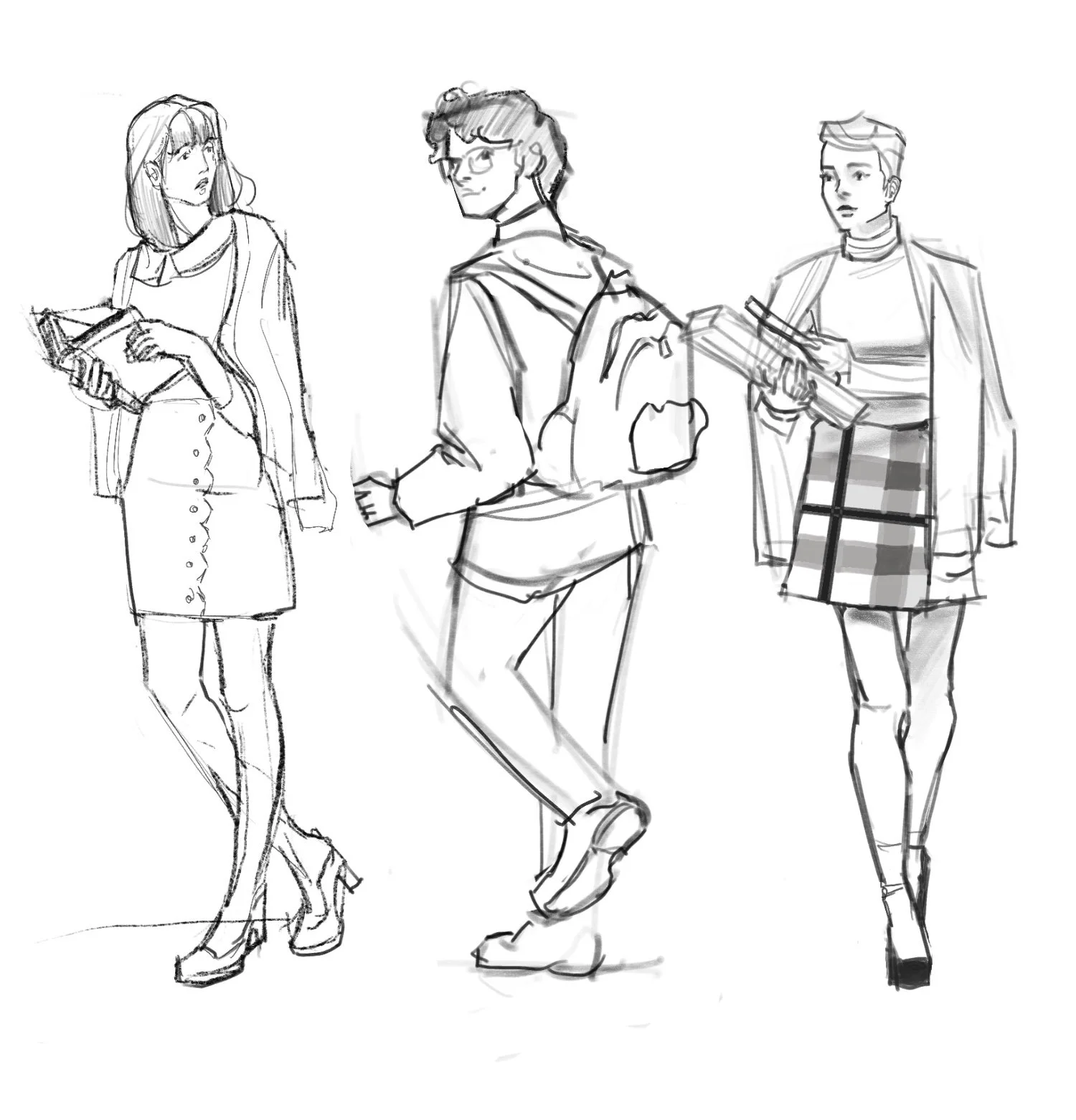 Sketch of three young women holding books, one with a backpack, dressed in fashionable clothing.