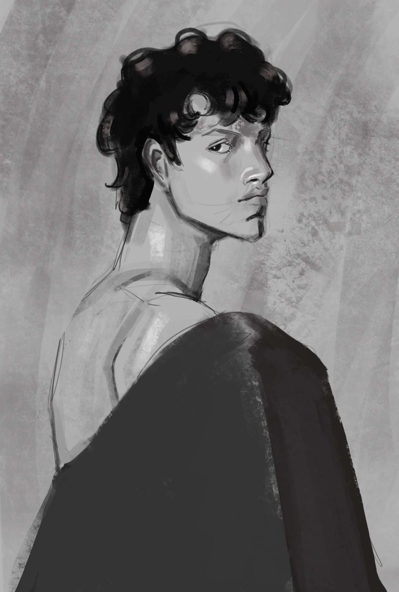 A grayscale digital painting of a woman with short, curly hair, looking over her shoulder with an intense expression, wearing a dark top and sitting against a textured background.