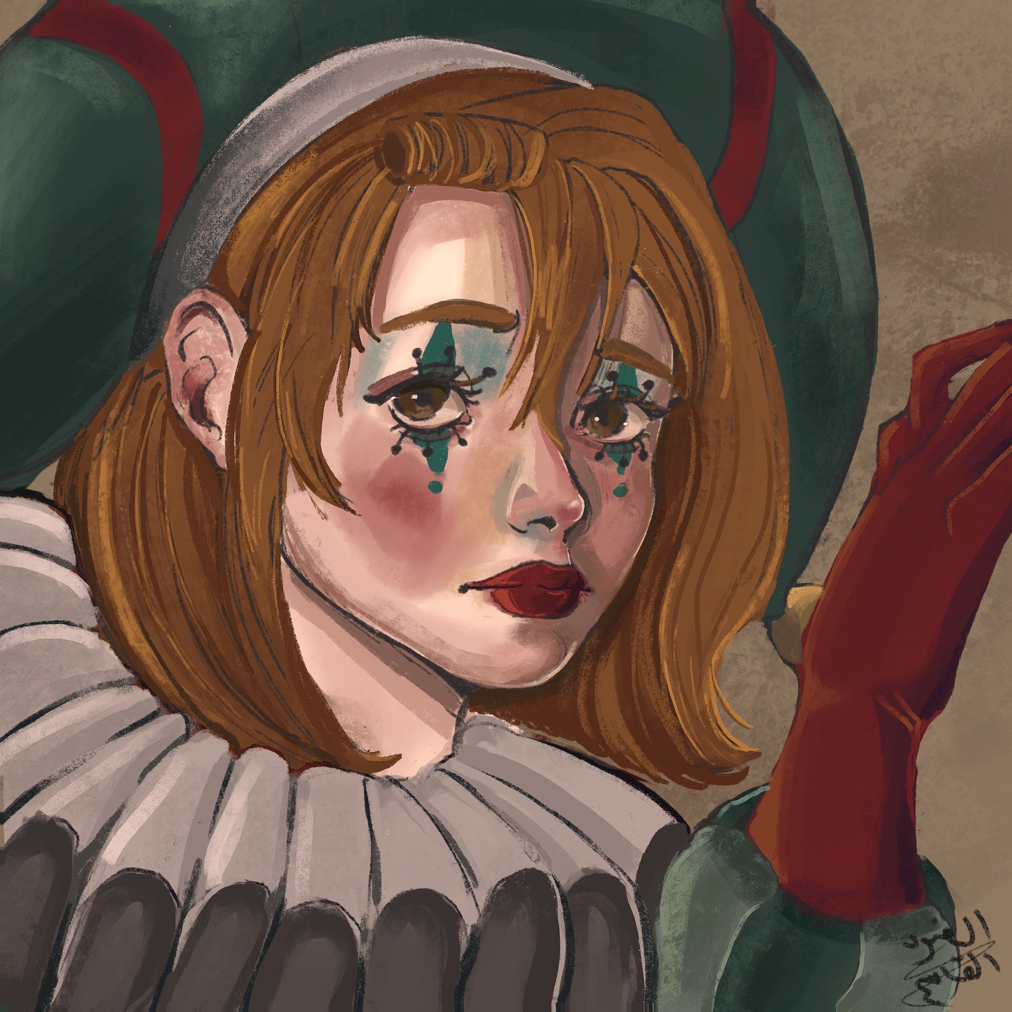 A portrait of a woman with red hair, wearing a large ruffled collar and a green hat with red ribbons. She has creative, colorful makeup with teardrop designs under her eyes and dark red lipstick.