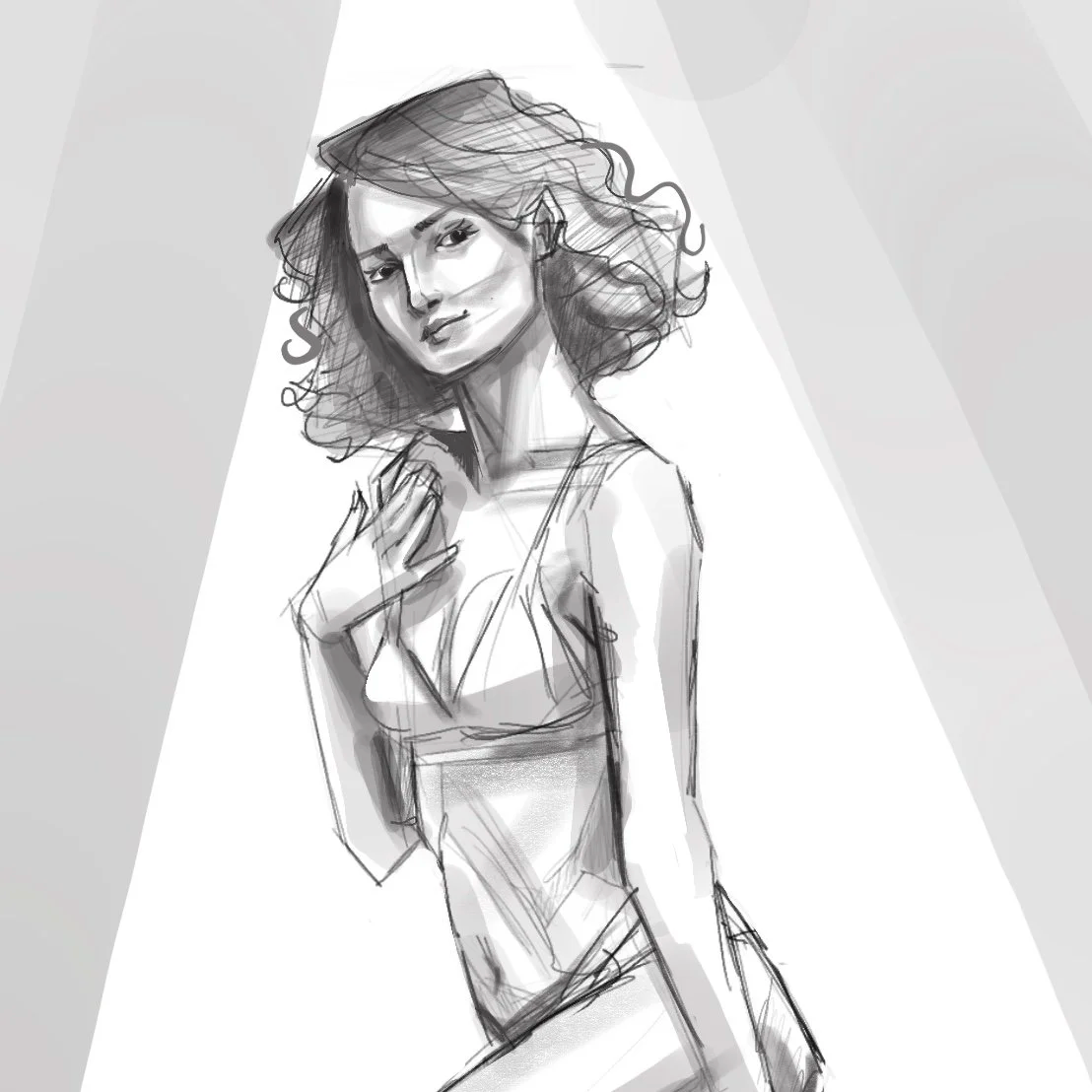 A sketch of a woman with wavy hair, dressed in a revealing top, striking a confident pose under spotlight lighting.