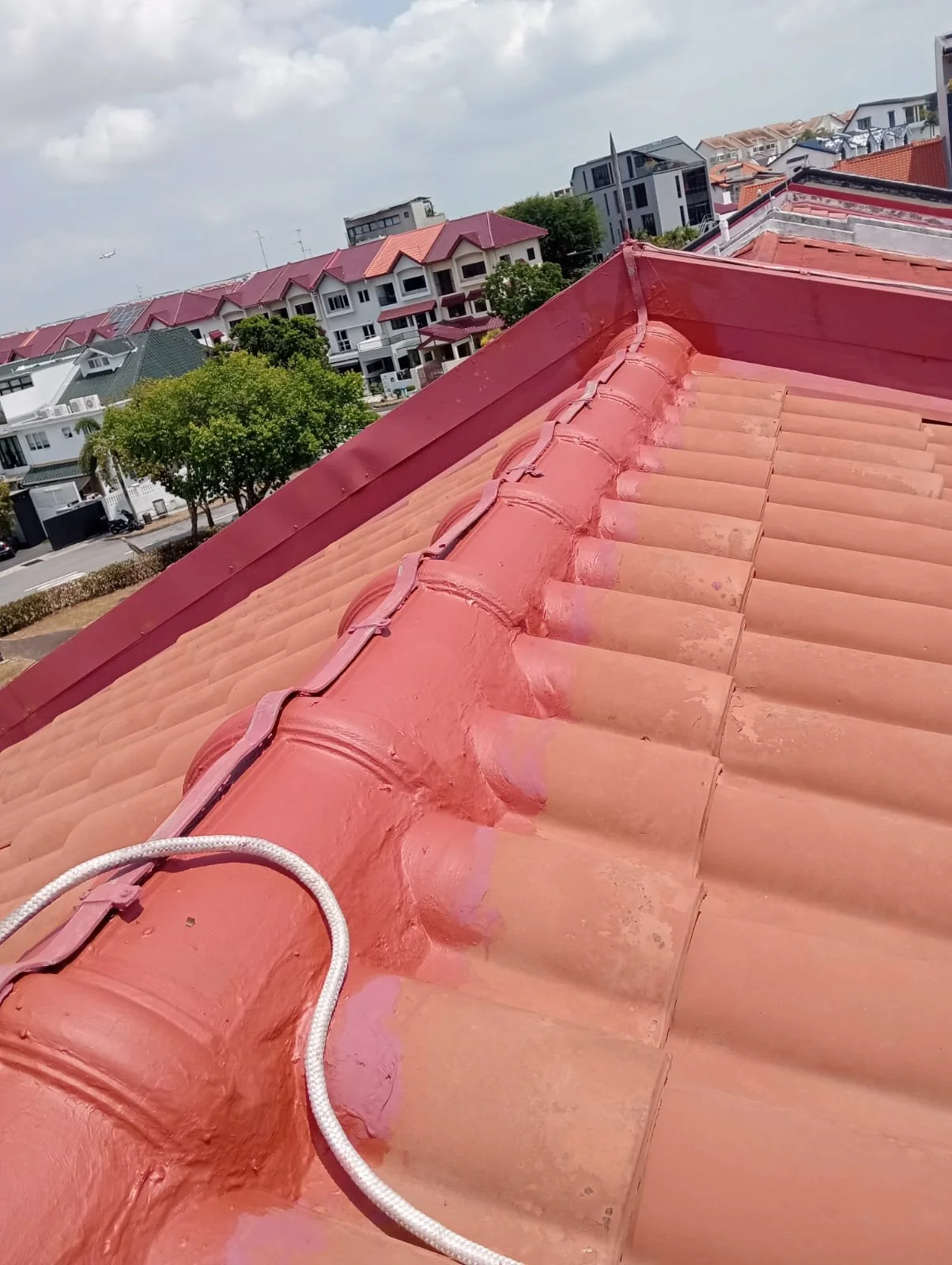 Close-up view of a red tiled roof with visible roof ridge and chimney, with neighboring houses and trees in the background under a partly cloudy sky.