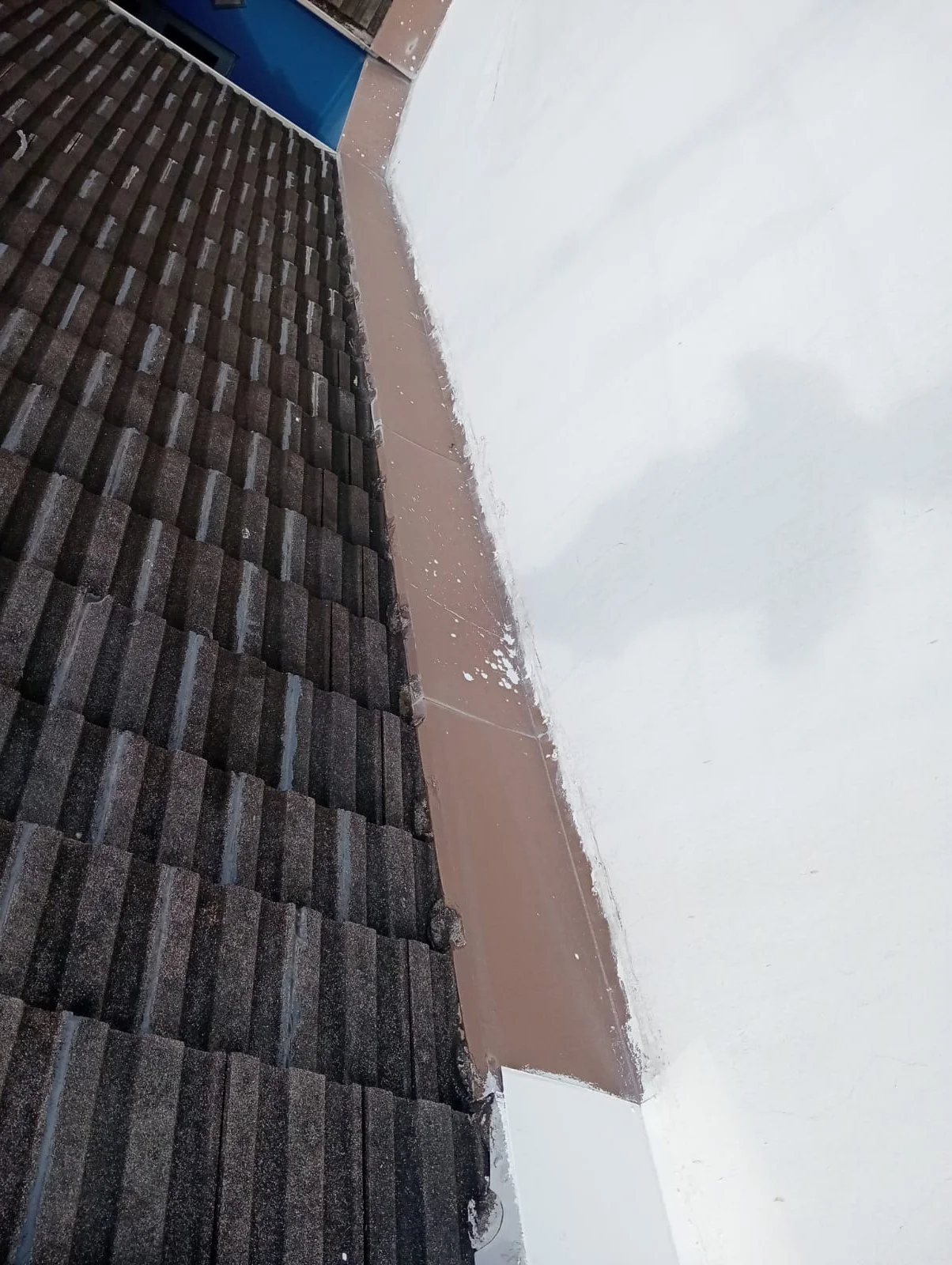 Close-up of a section of a roof with black shingles, an adjoining brown surface, and a white wall with chipped paint in the background.
