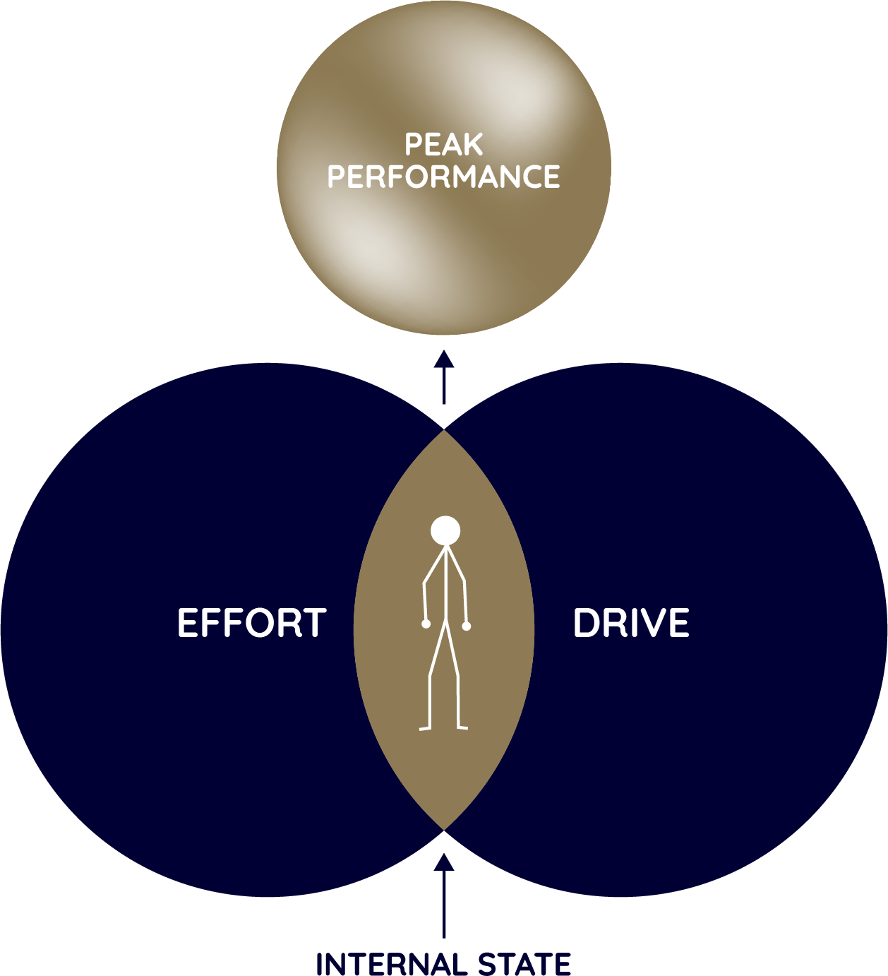 Diagram illustrating the concept of peak performance as a balance between effort and drive, with effort on the left and drive on the right, leading to peak performance at the top.