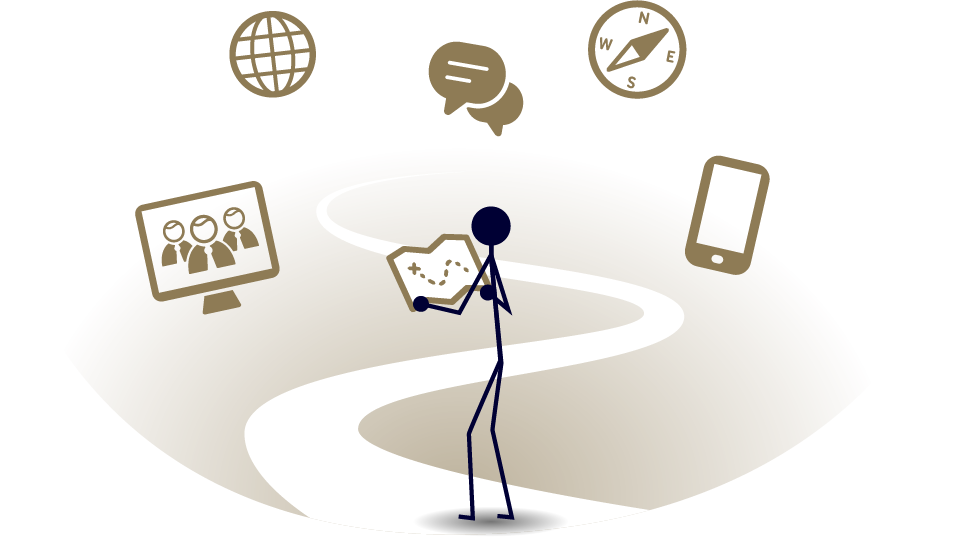 A stick figure walking on a winding trail with a map in hand, surrounded by icons for self improvement.