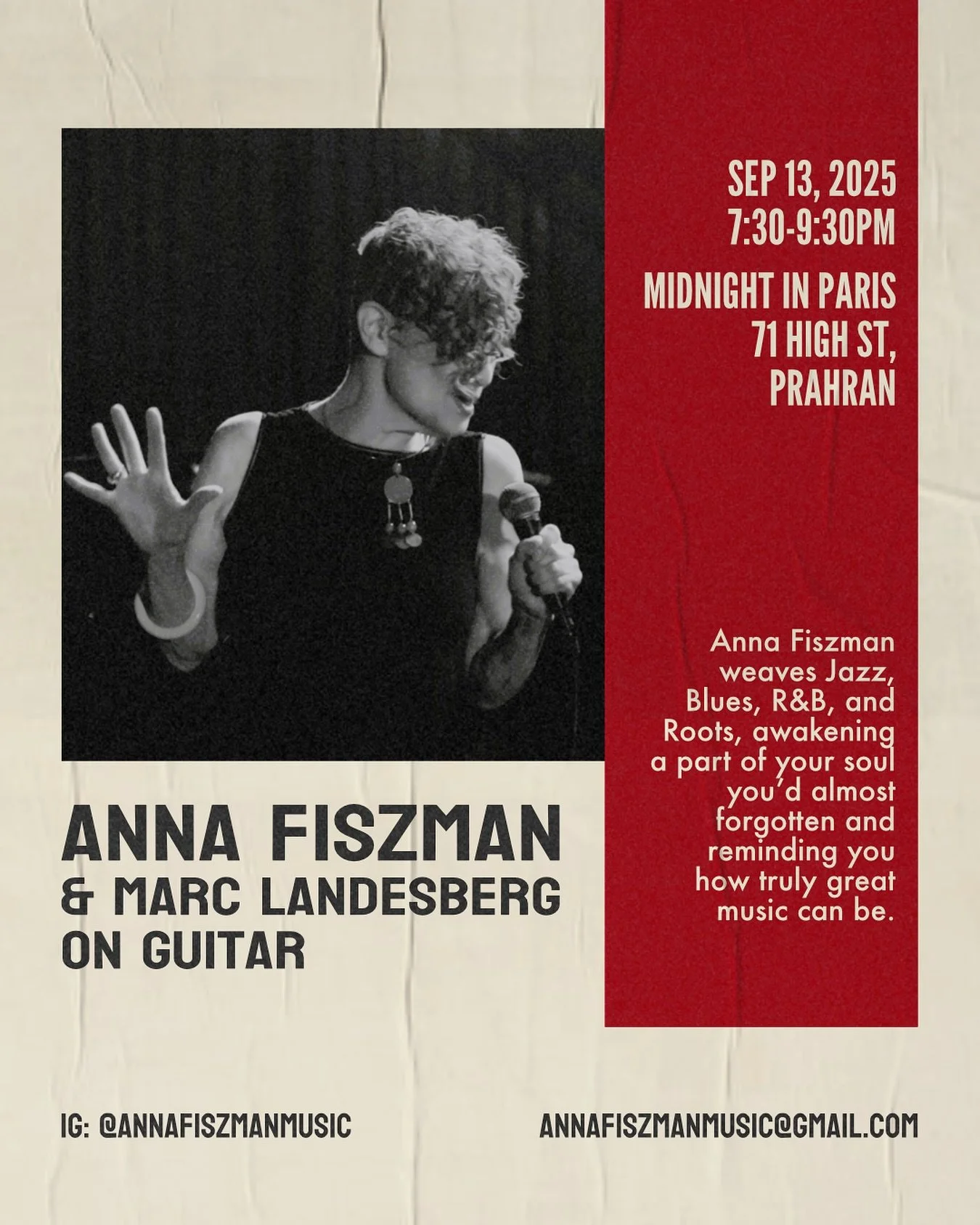 Marc and I are back at Midnight in Paris 🎶
Catch us live on Saturday, September 13, 2025 from 7:30&ndash;9:30 PM and spend the evening with good music and good company.

Book a table now - link in bio! 

#midnightinparis #jazzmelbourne #annafiszmanm