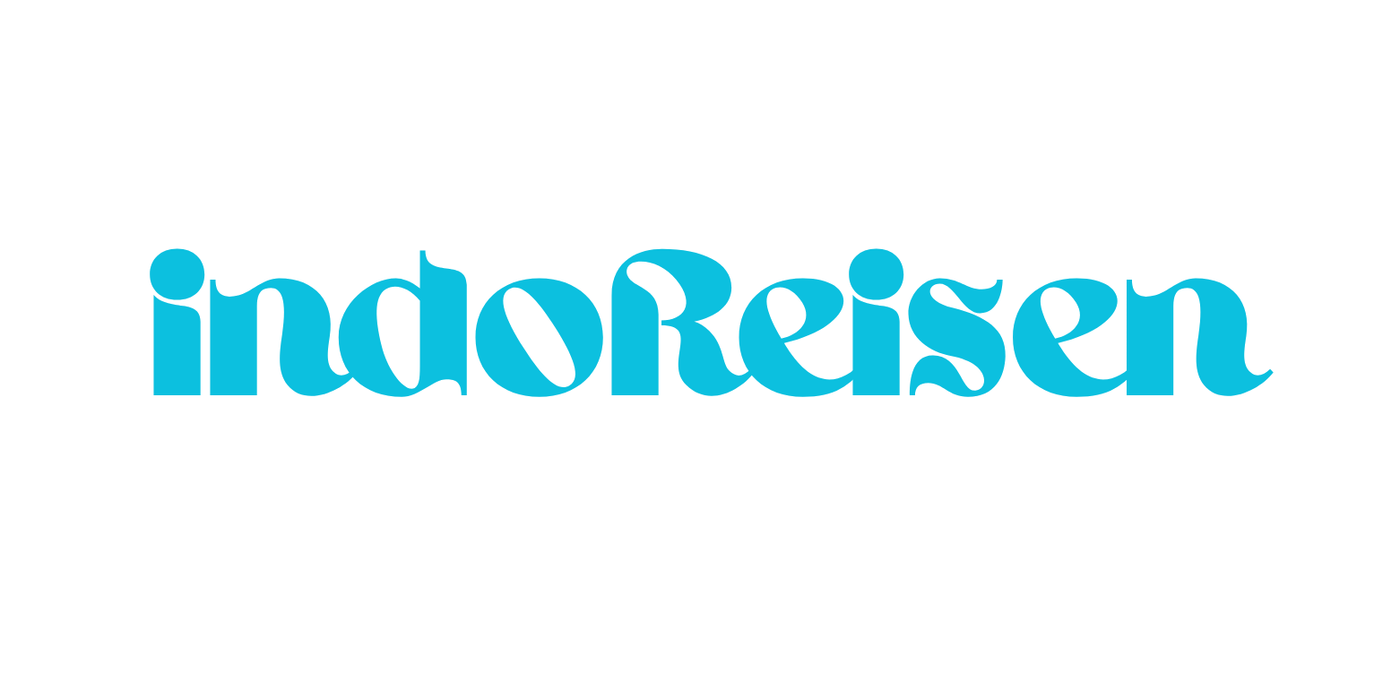 Logo with the word "indoreisen" in blue stylized font with a white outline.