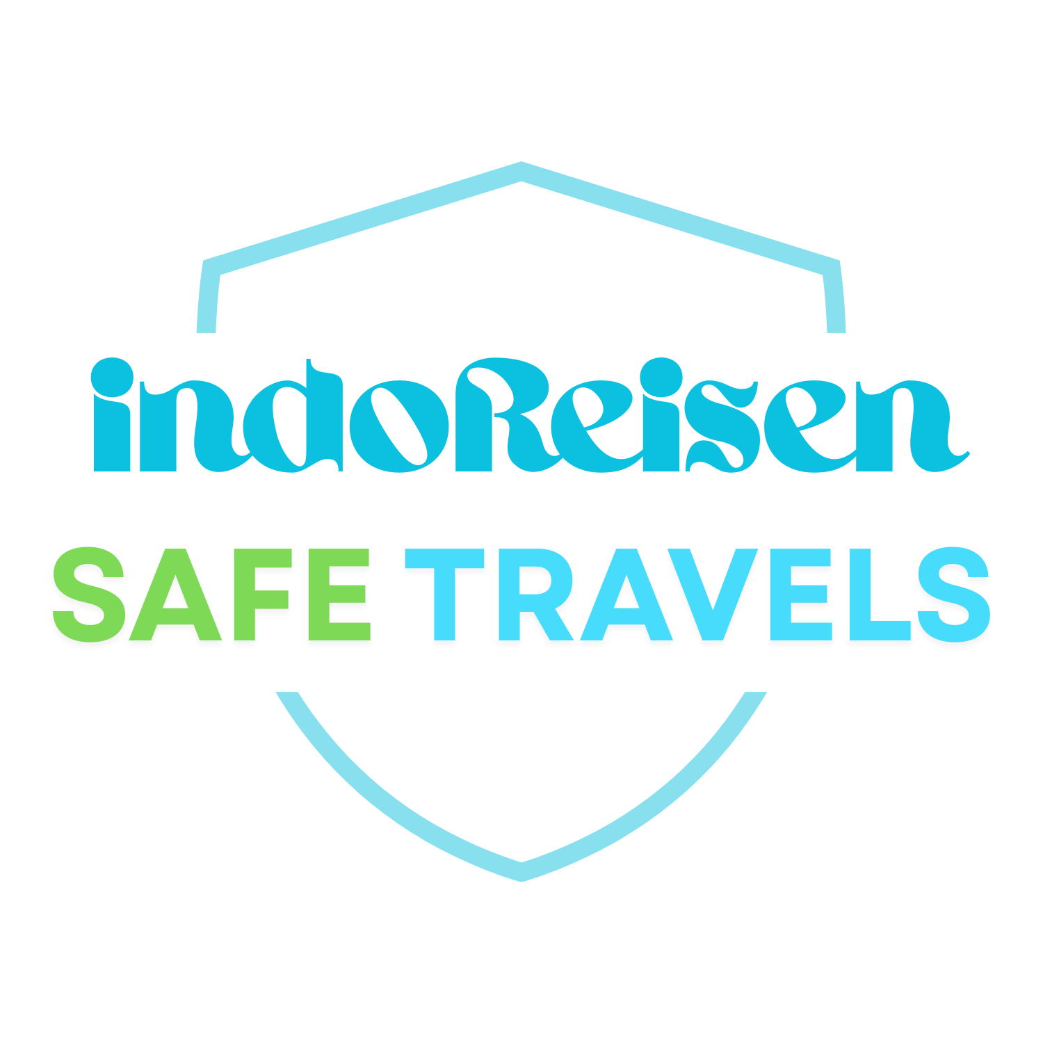 Logo for IndoReisen Safe Travels with a shield outline and the text in blue and green.