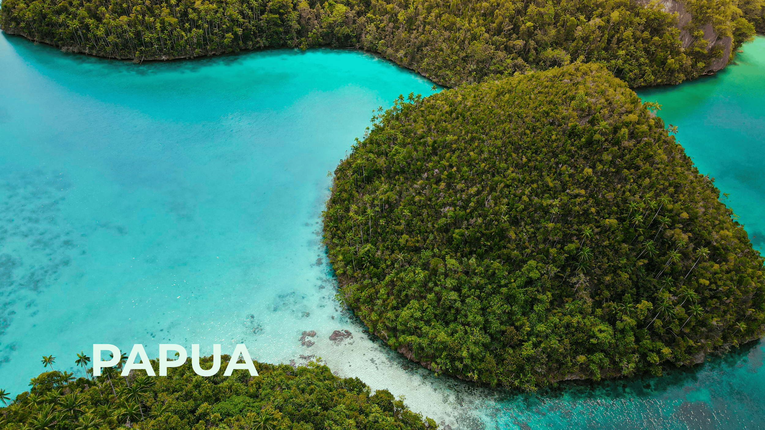 Aerial view of a tropical island in Papua, surrounded by clear turquoise water, lush green forested land, and a small sandy beach.