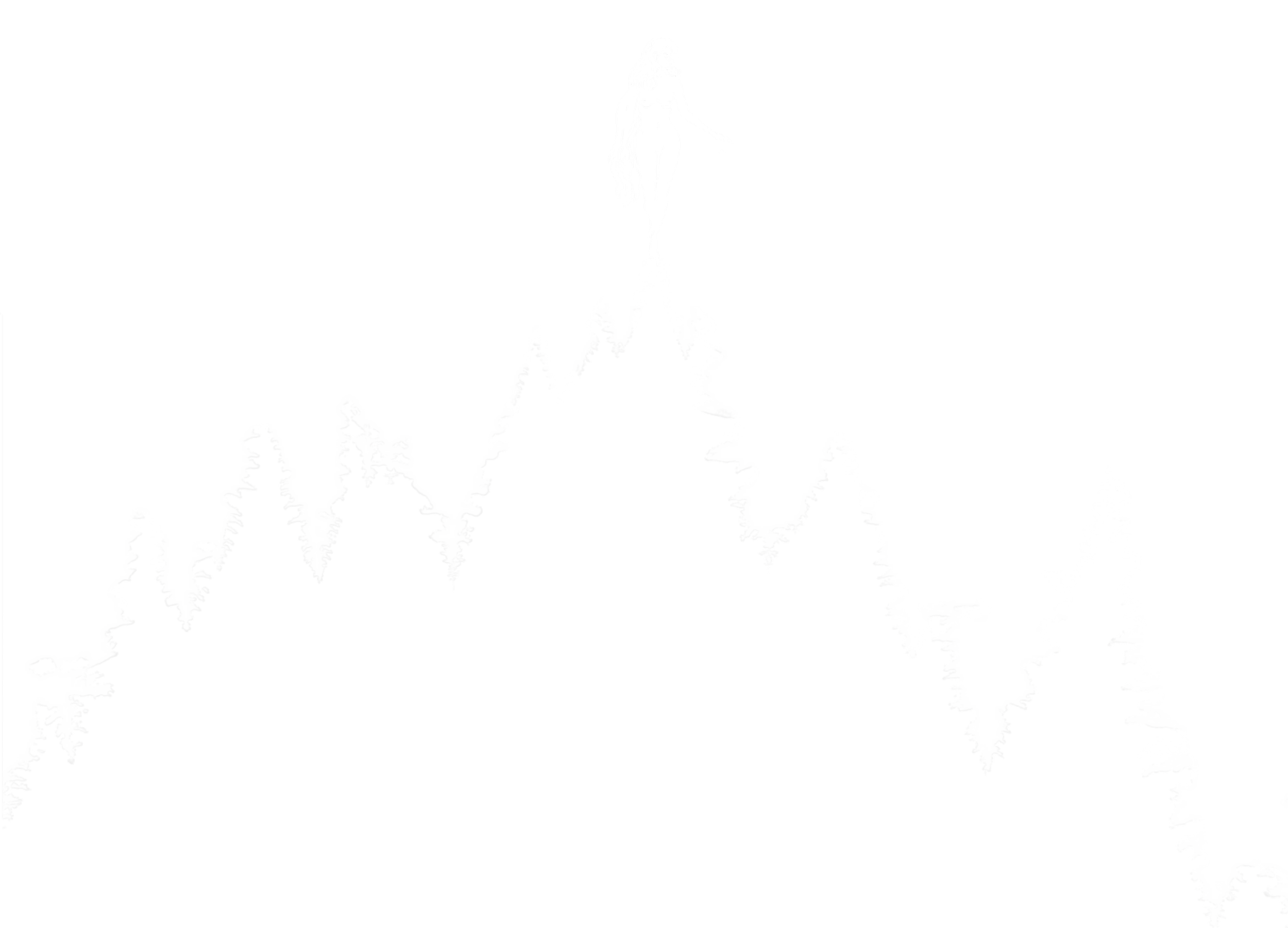 Black and white artistic illustration of a woman with long hair, wearing a dress, standing on top of a stylized cityscape with tall buildings and steps.