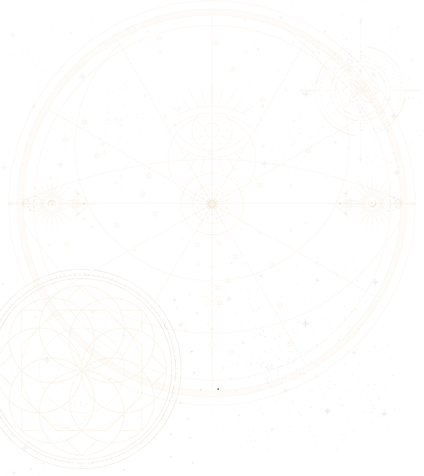 A black background with intricate golden geometric patterns, circles, and lines resembling a star map, cosmic charts, and celestial symbols.