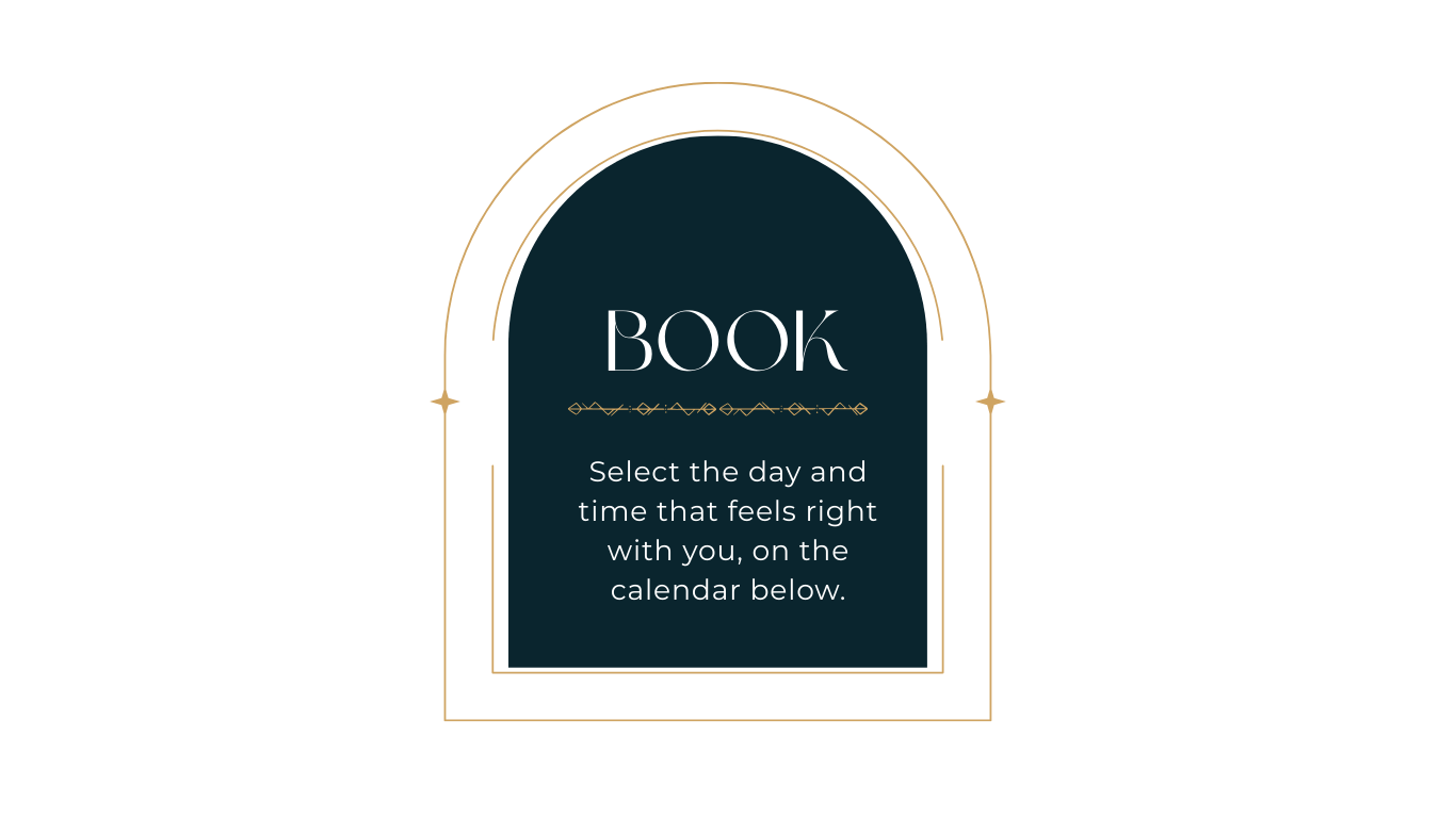 Design of a calendar app screen with a dark background and a gold outlined arch. In the arch, there is a dark blue rectangle with the heading 'BOOK' and instructions to select a day and time that feels right on the calendar below.