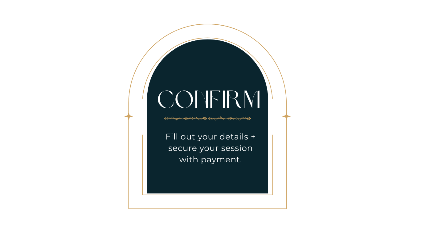 A dark-colored, gothic-style window frame with the word 'CONFIRM' and a message to fill out details and secure payment for a session.