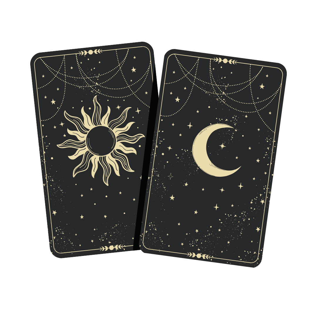 Tarot cards featuring a sun on the left and a moon on the right, with starry and celestial designs on a black background.