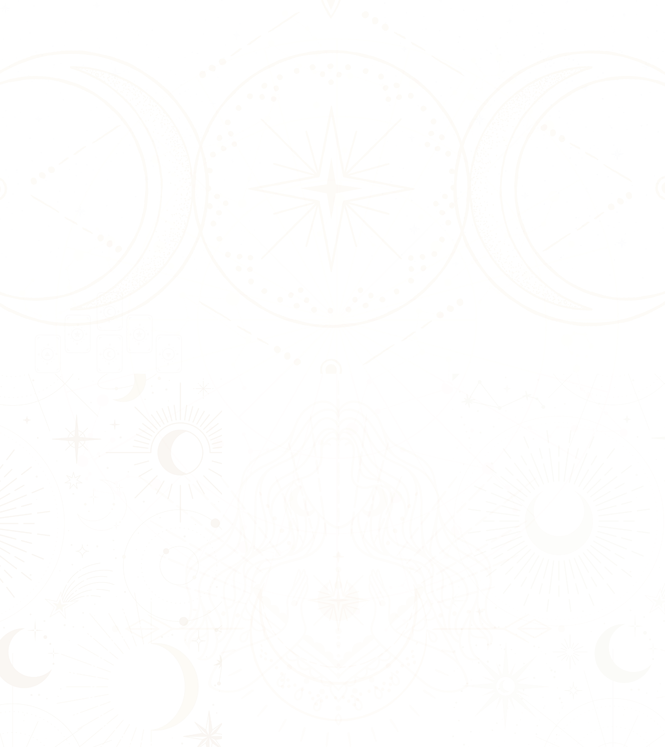 A detailed celestial and mystical illustration with gold and white constellations, zodiac signs, moons, stars, and cosmic symbols against a black background.