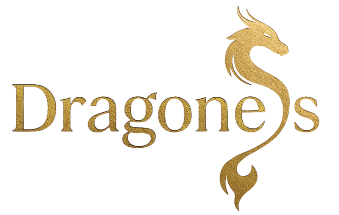 Logo for 'Dragons' featuring a gold dragon head on the right and golden text spelling 'Dragons' with a decorative tail element.