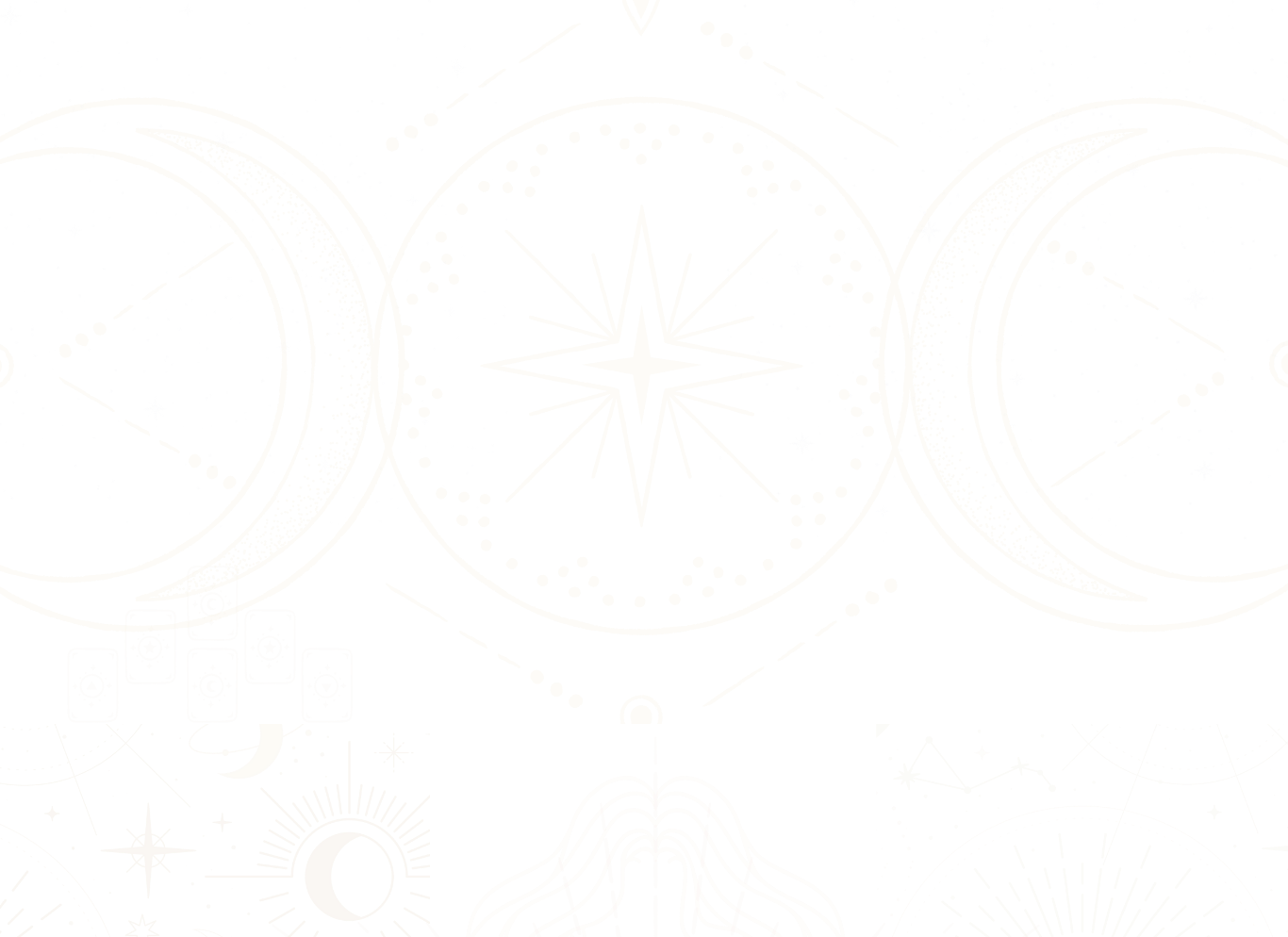 Decorative celestial design with constellations, moons, stars, and geometric patterns in gold on black background.