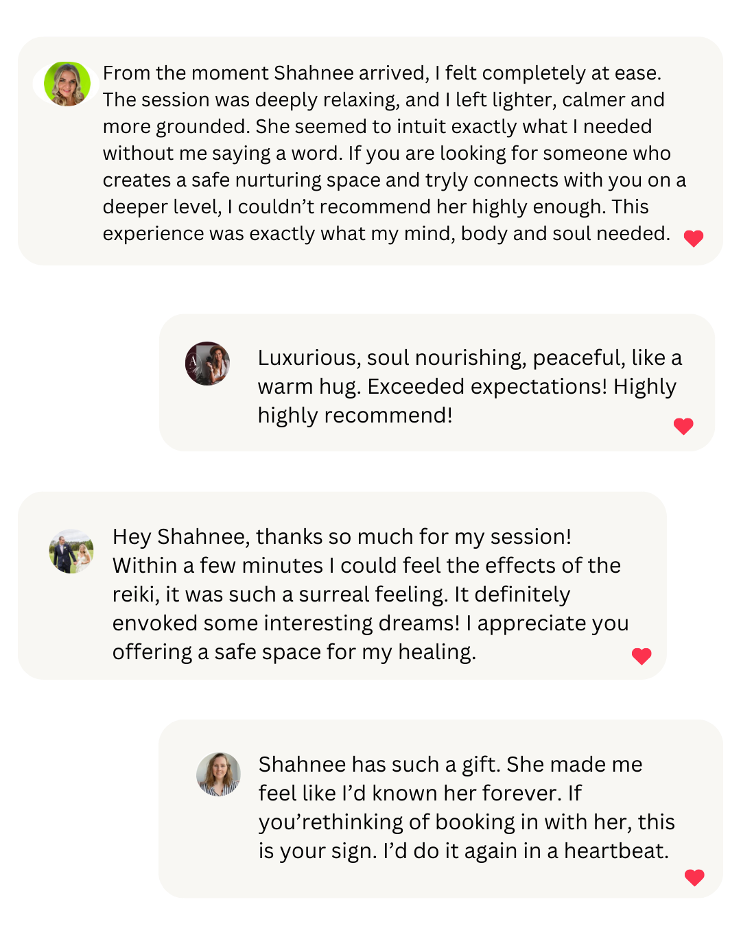 Screenshot of four customer reviews praising a healing or wellness session with a person named Shahnee, highlighting relaxation, nurturing, healing, and positive feelings.
