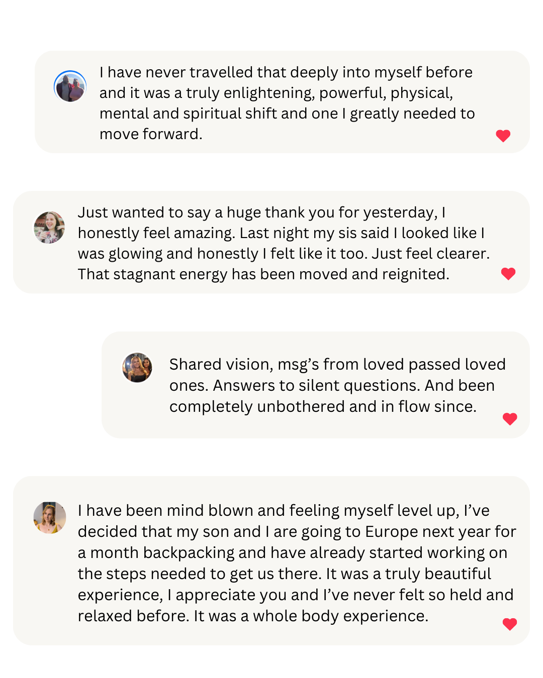 Screenshots of positive messages and testimonials about personal growth and healing, featuring profile pictures of different women, each with a red heart icon.