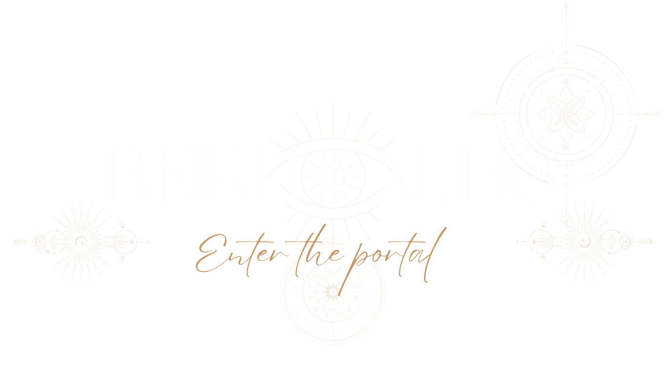Design with cosmic and astrological symbols in gold on a black background, featuring the words 'Reiki Healing' in large white text and 'Enter the Portal' in smaller gold script.