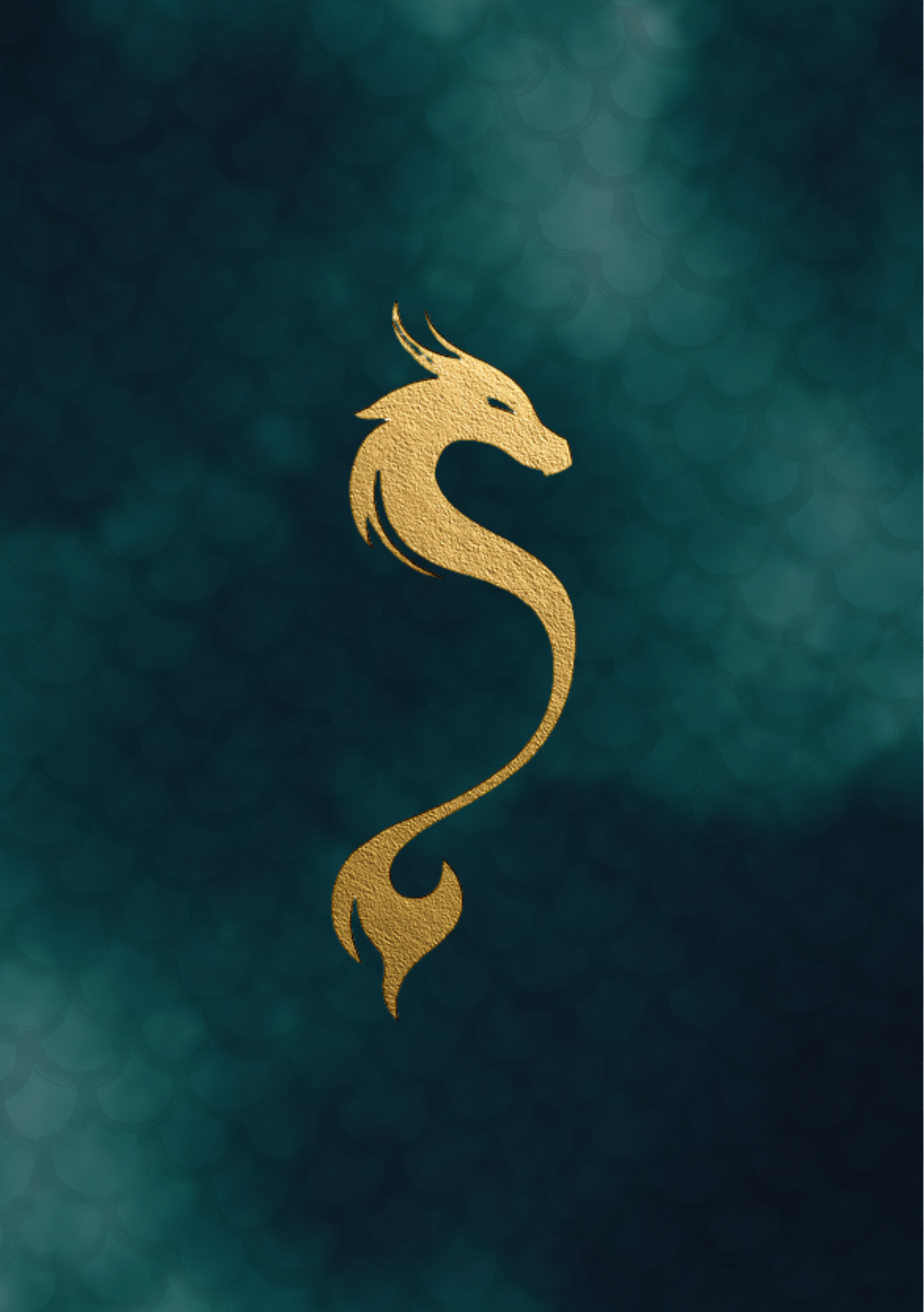 A gold metallic dragon emblem on a teal background with a scale pattern.