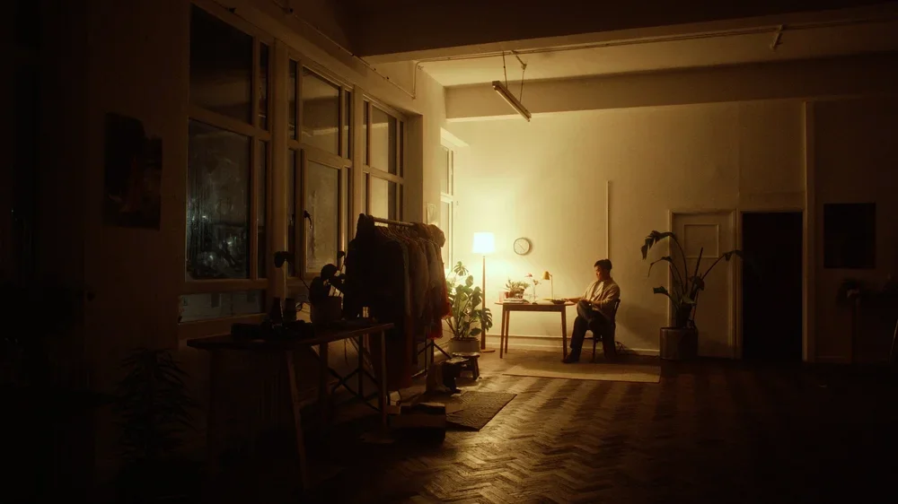 A person sitting at a desk in a dimly lit room illuminated by a floor lamp, with large windows on one side and indoor plants nearby.